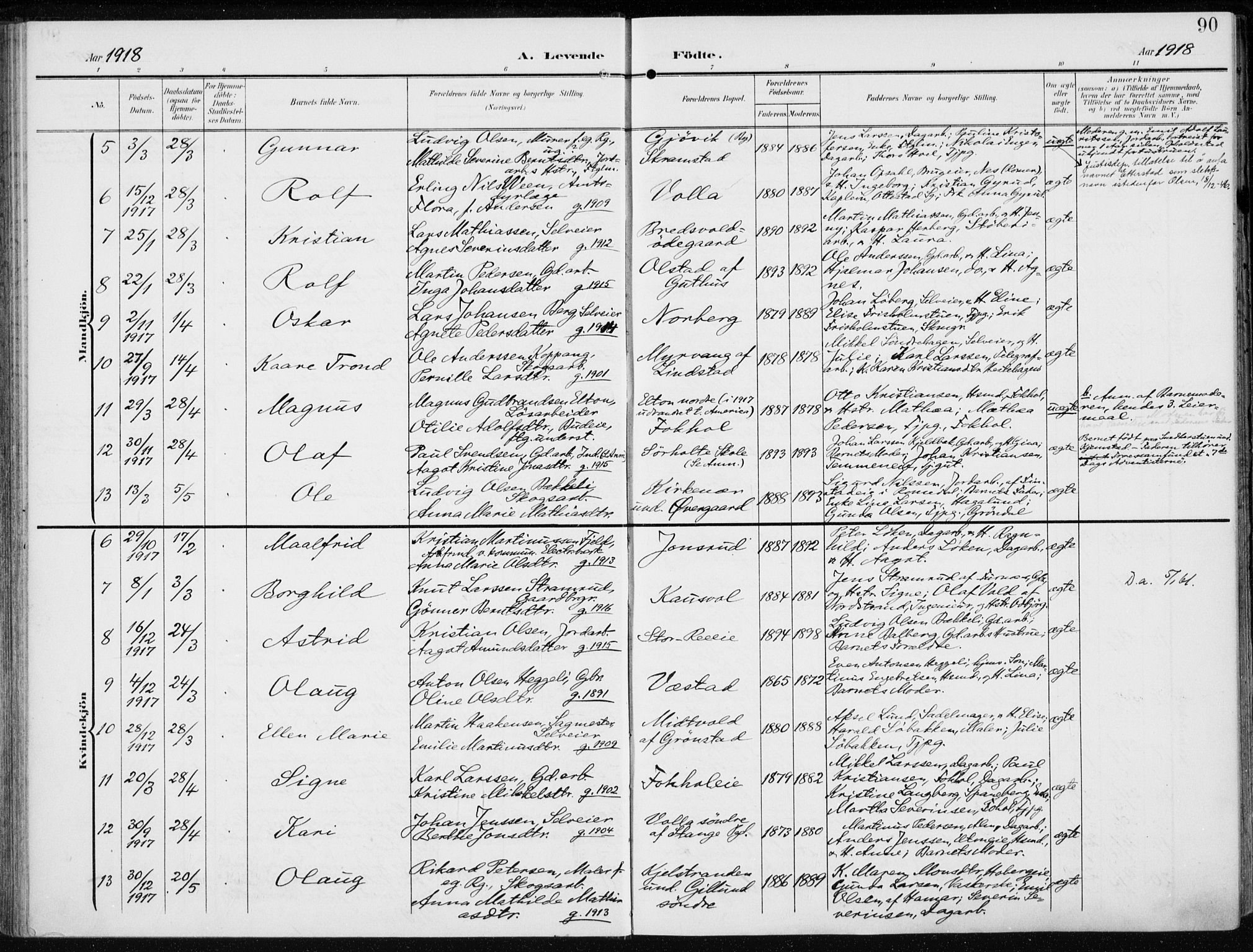 Stange prestekontor, AV/SAH-PREST-002/K/L0024: Parish register (official) no. 24, 1906-1922, p. 90