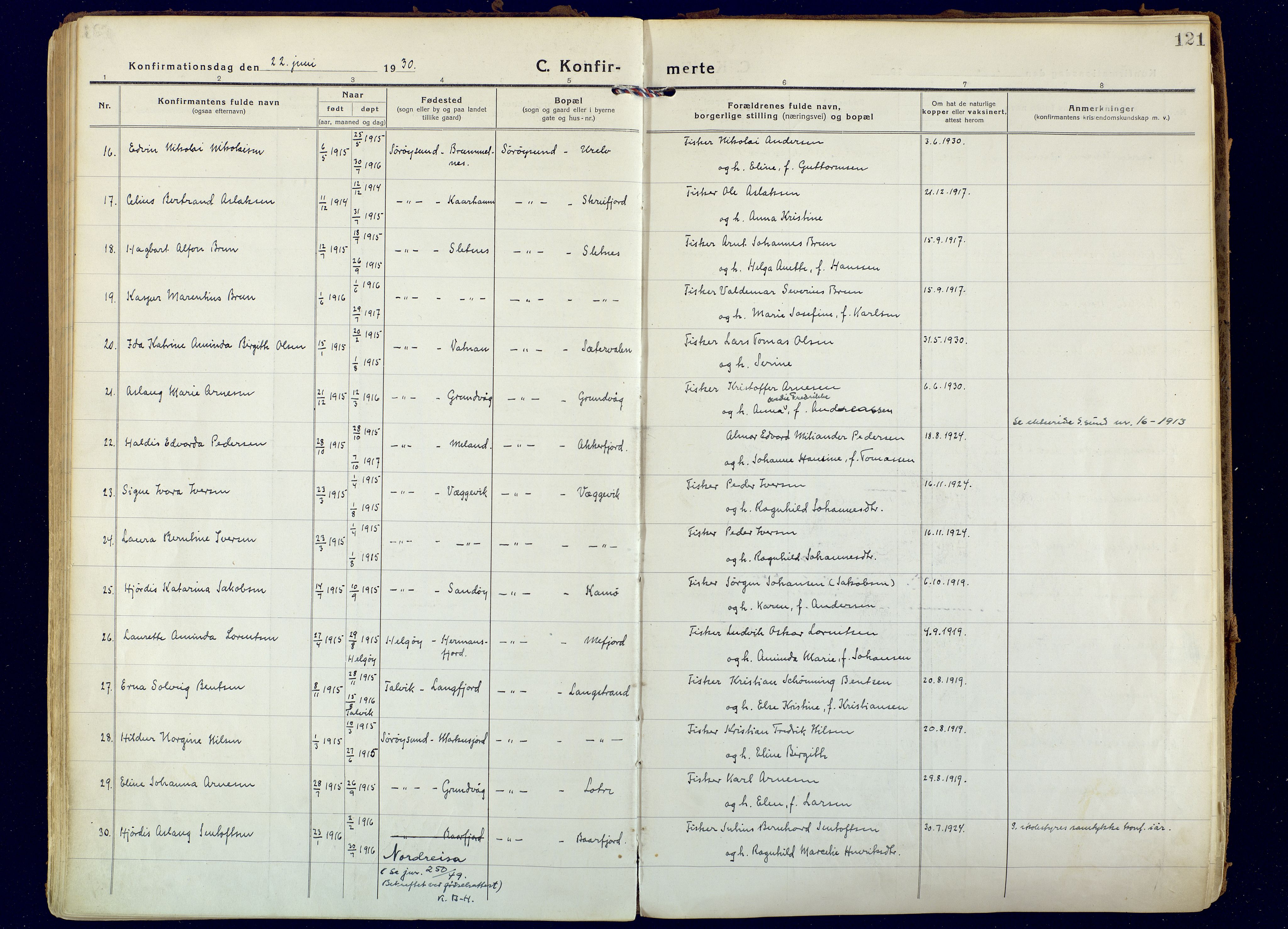 Hammerfest sokneprestkontor, AV/SATØ-S-1347/H/Ha/L0018.kirke: Parish register (official) no. 18, 1918-1933, p. 121