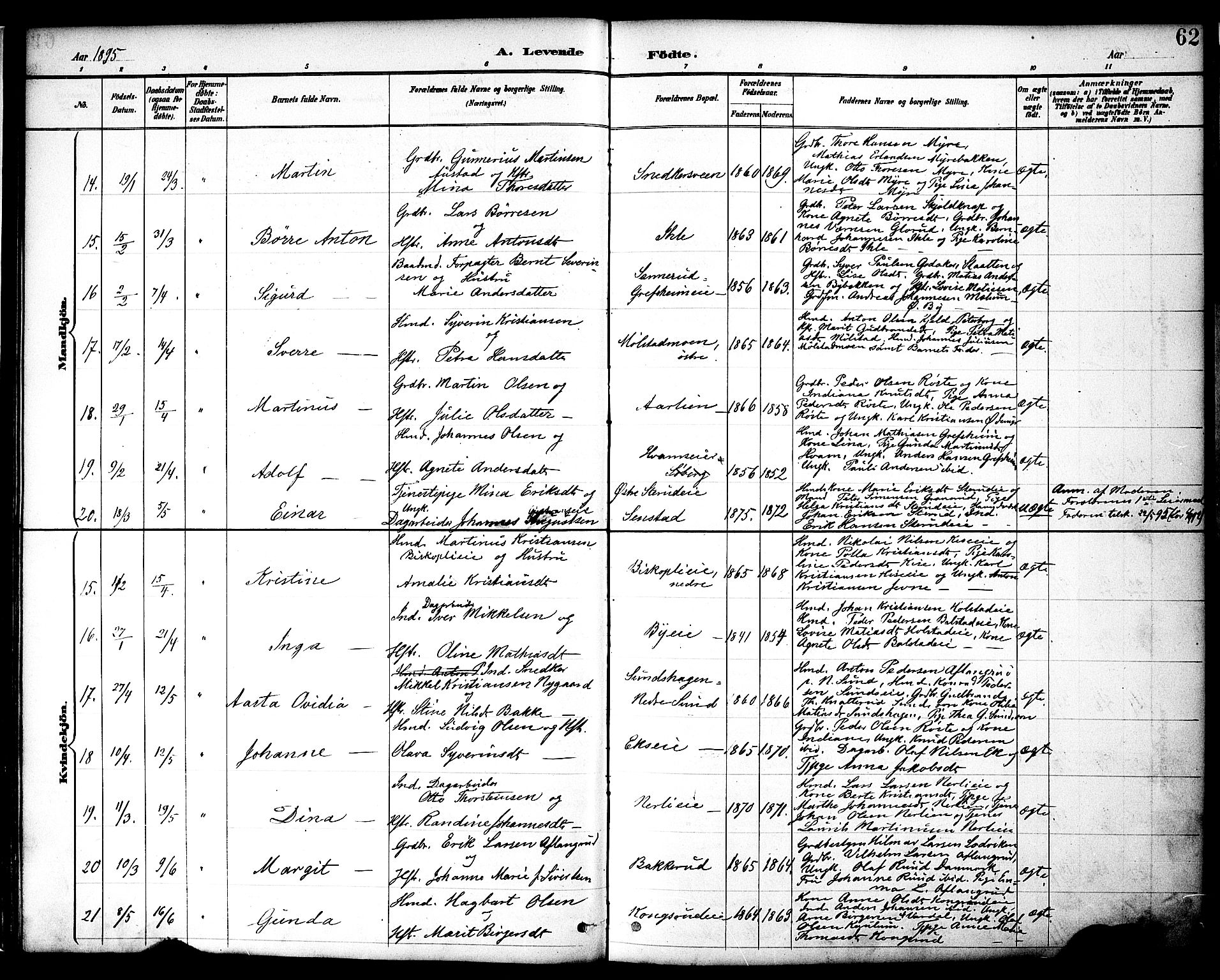 Nes prestekontor, Hedmark, AV/SAH-PREST-020/K/Ka/L0009: Parish register (official) no. 9, 1887-1905, p. 62