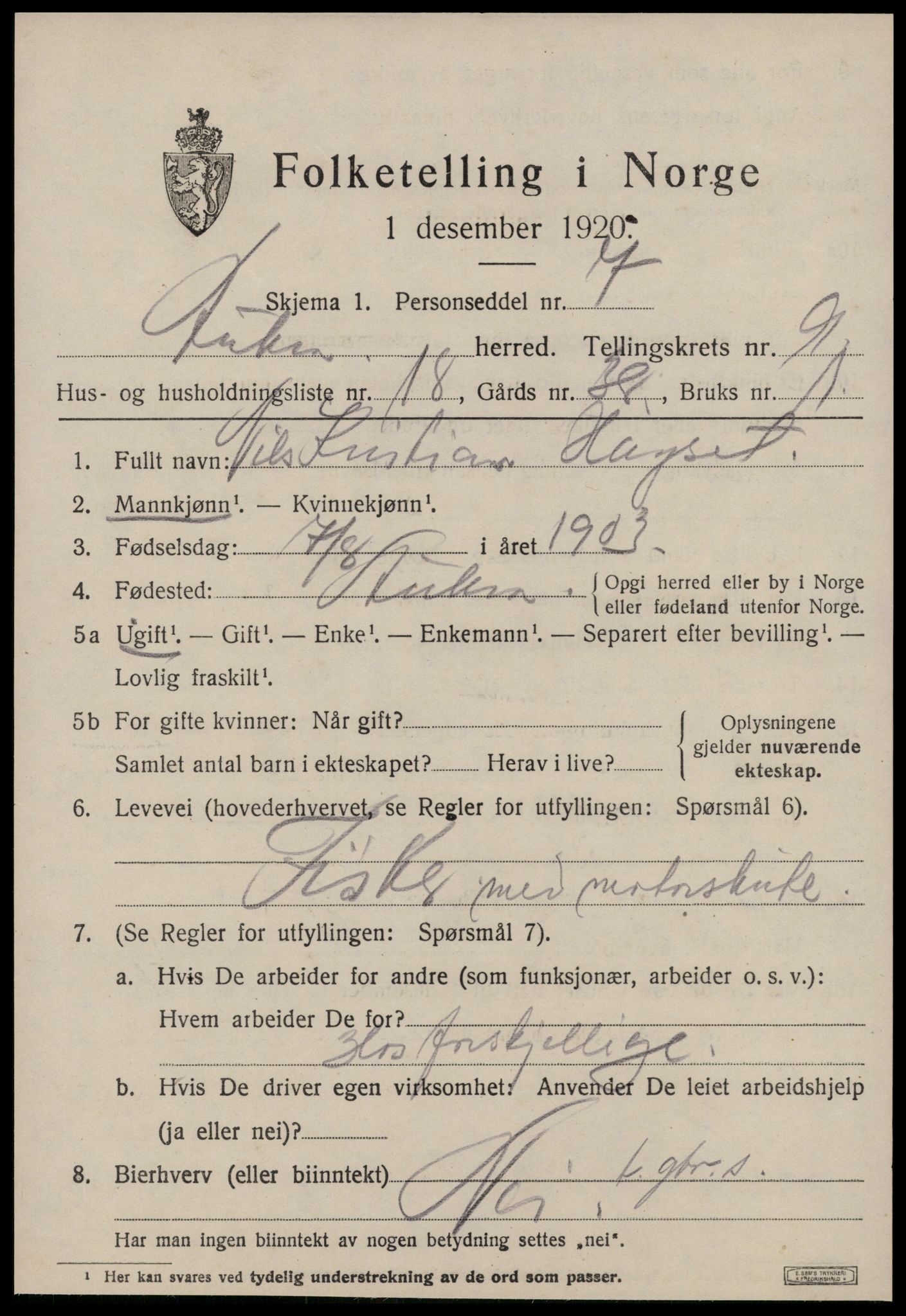 SAT, 1920 census for Aukra, 1920, p. 4835