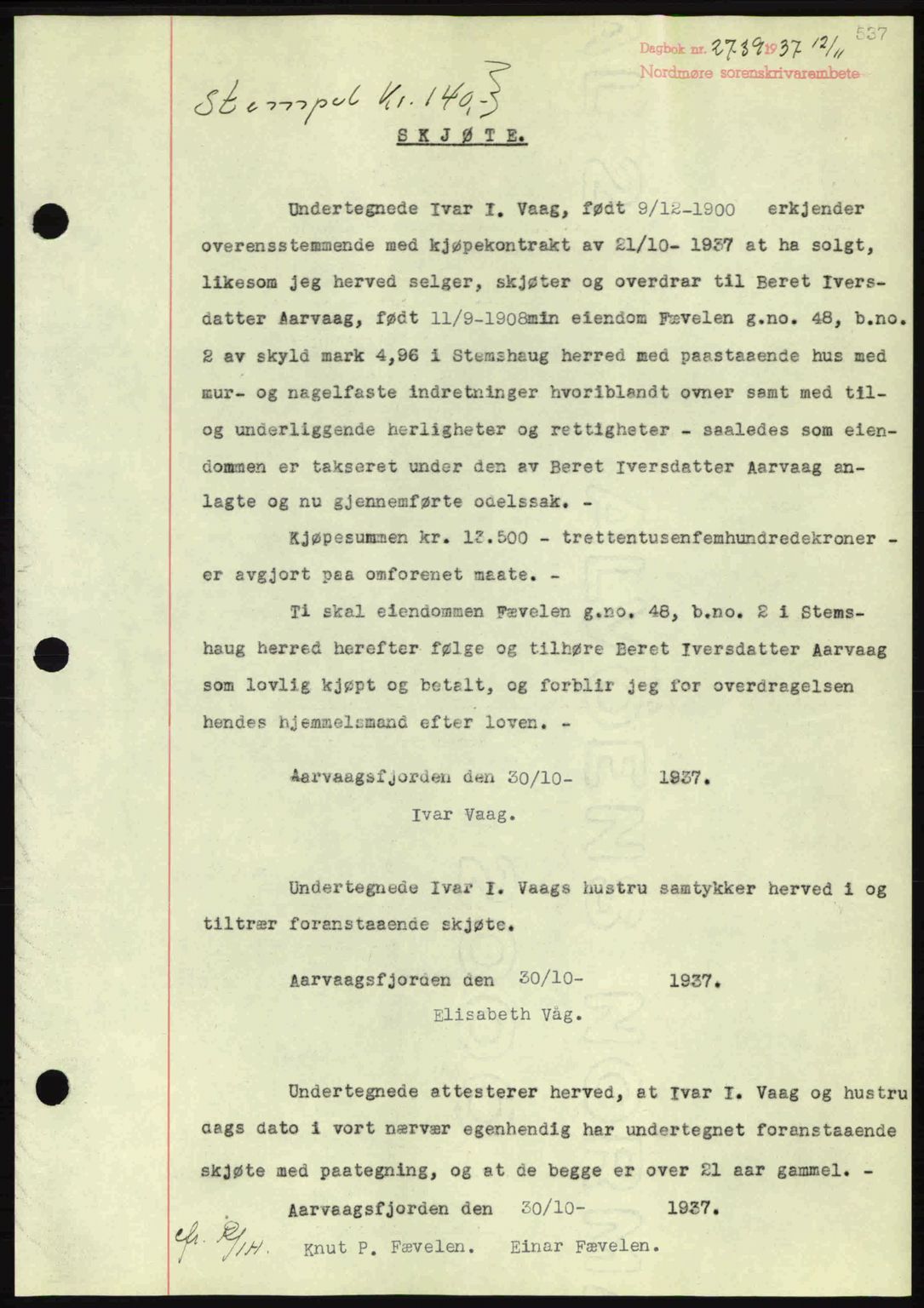 Nordmøre sorenskriveri, AV/SAT-A-4132/1/2/2Ca: Mortgage book no. A82, 1937-1938, Diary no: : 2739/1937