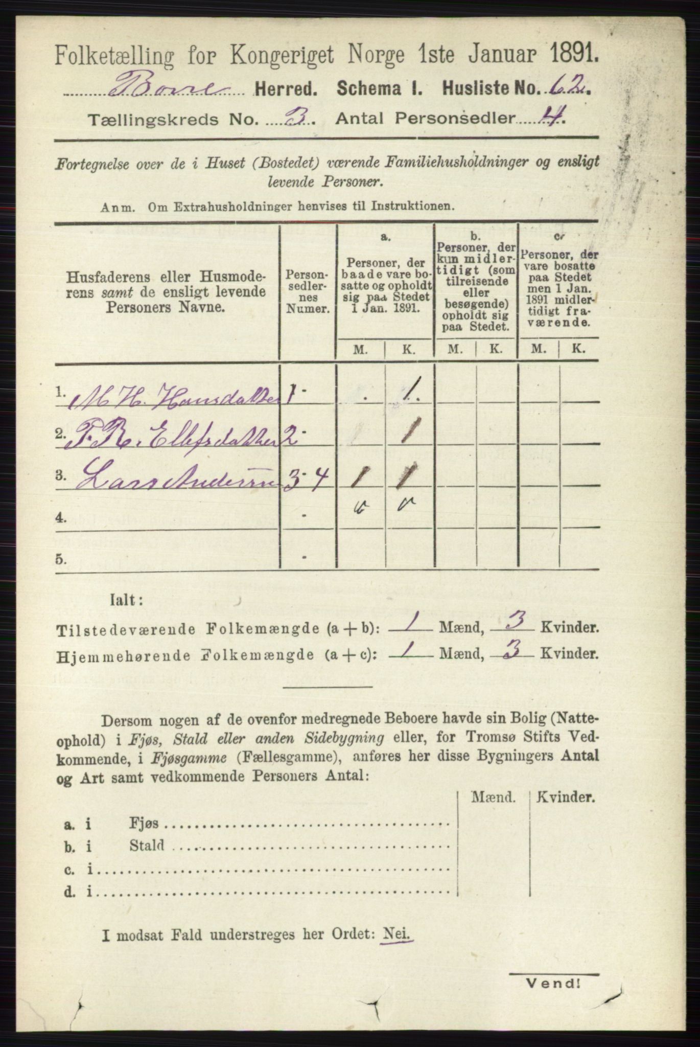 RA, 1891 census for 0717 Borre, 1891, p. 1205