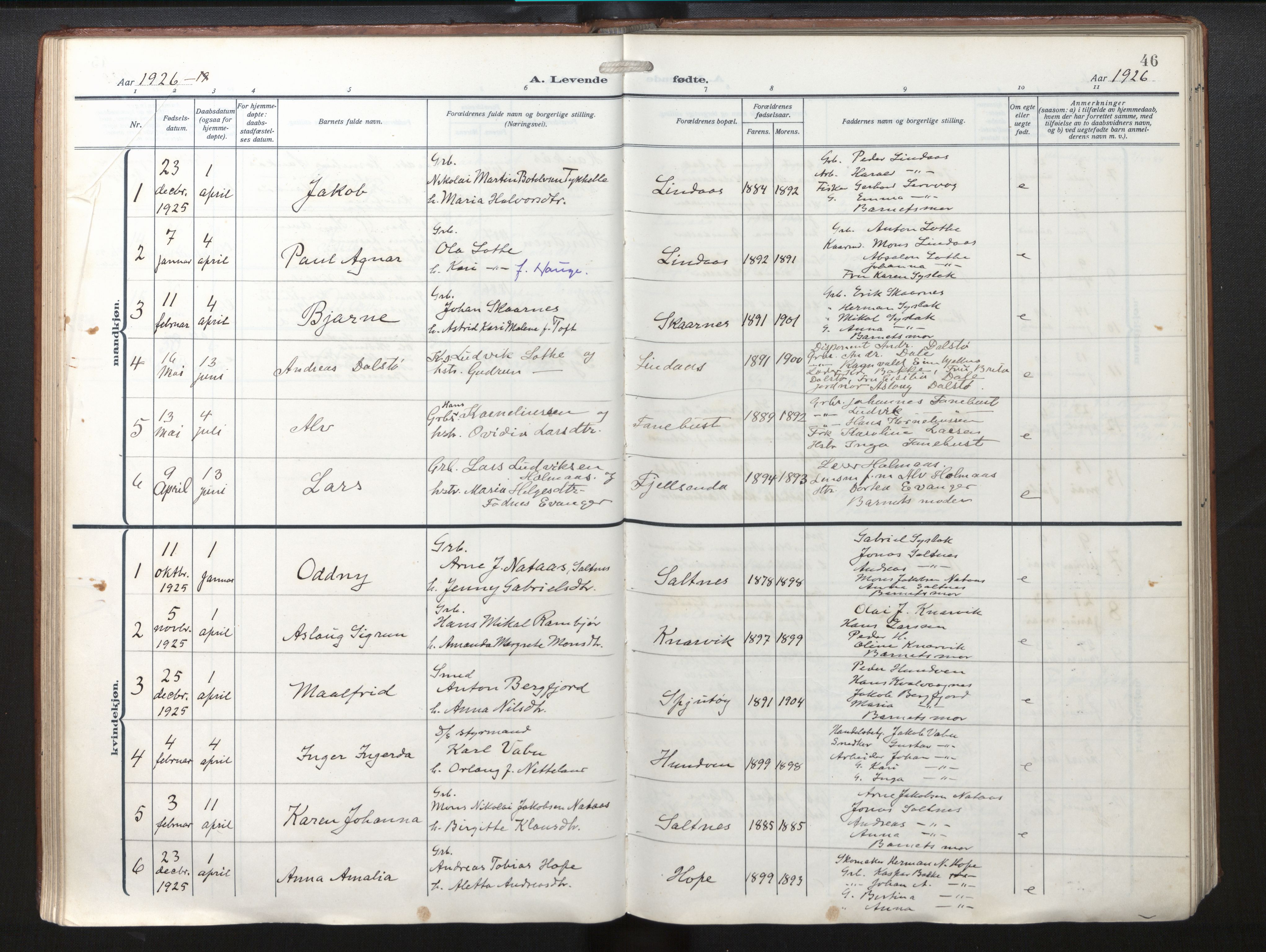 Lindås Sokneprestembete, AV/SAB-A-76701/H/Haa/Haab/L0003: Parish register (official) no. B 3, 1912-1929, p. 46