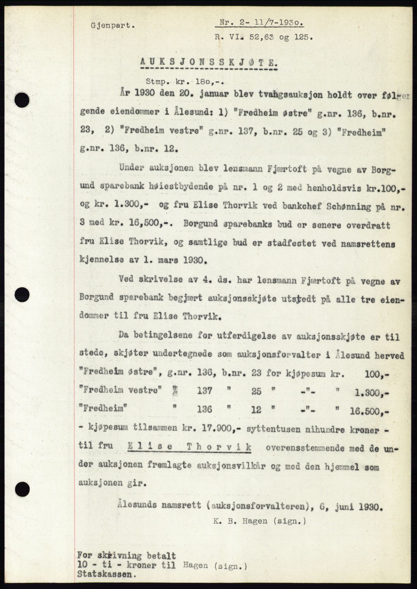 Ålesund byfogd, AV/SAT-A-4384: Mortgage book no. 26, 1930-1930, Deed date: 11.07.1930