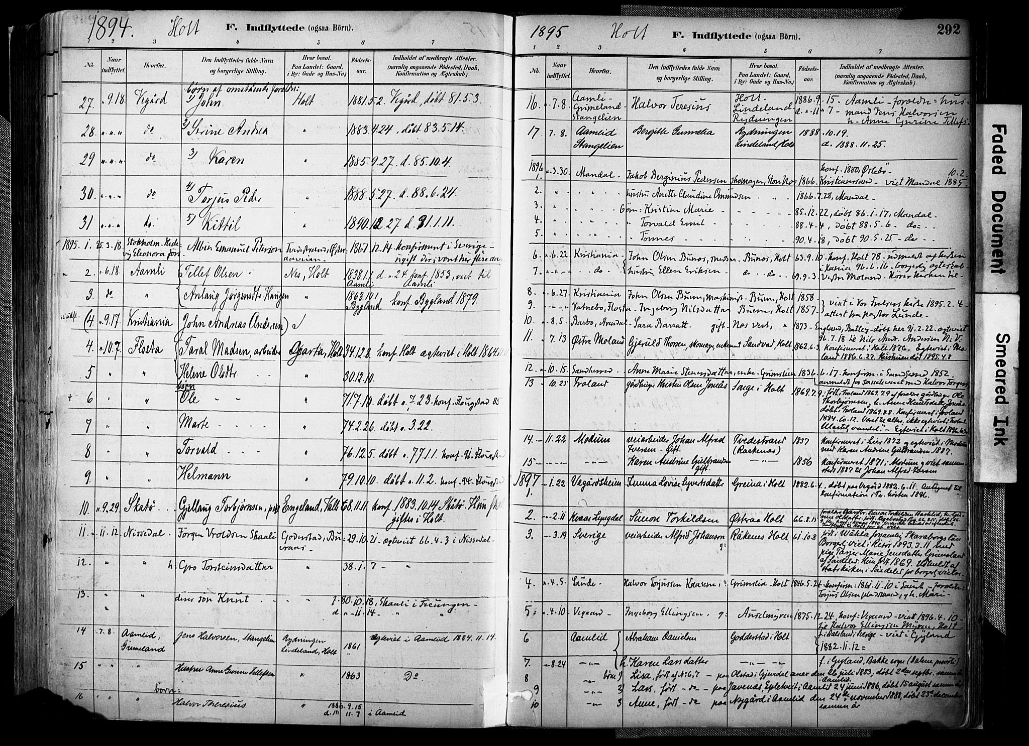 Holt sokneprestkontor, AV/SAK-1111-0021/F/Fa/L0012: Parish register (official) no. A 12, 1885-1907, p. 292