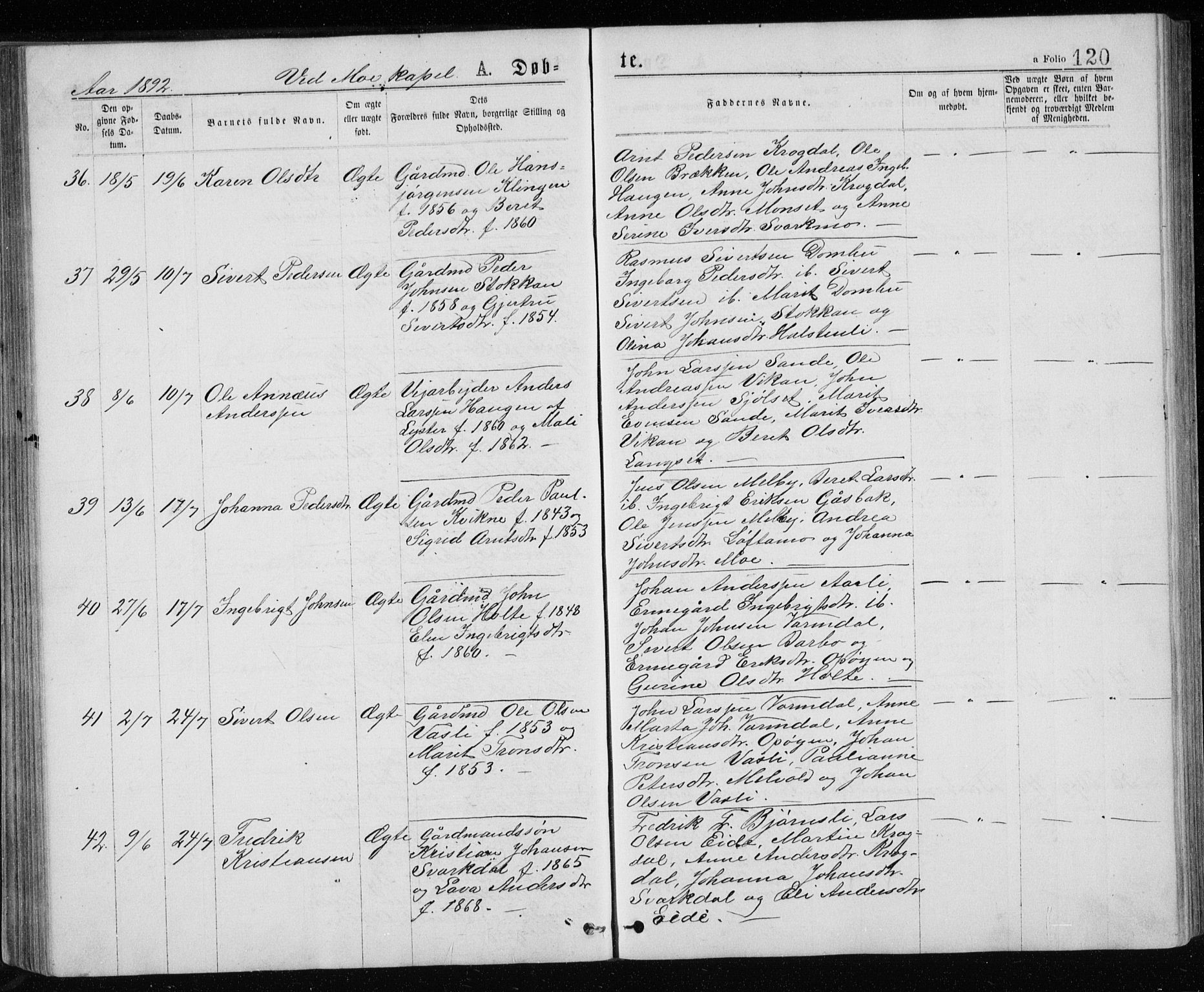 Ministerialprotokoller, klokkerbøker og fødselsregistre - Sør-Trøndelag, SAT/A-1456/671/L0843: Parish register (copy) no. 671C02, 1873-1892, p. 120