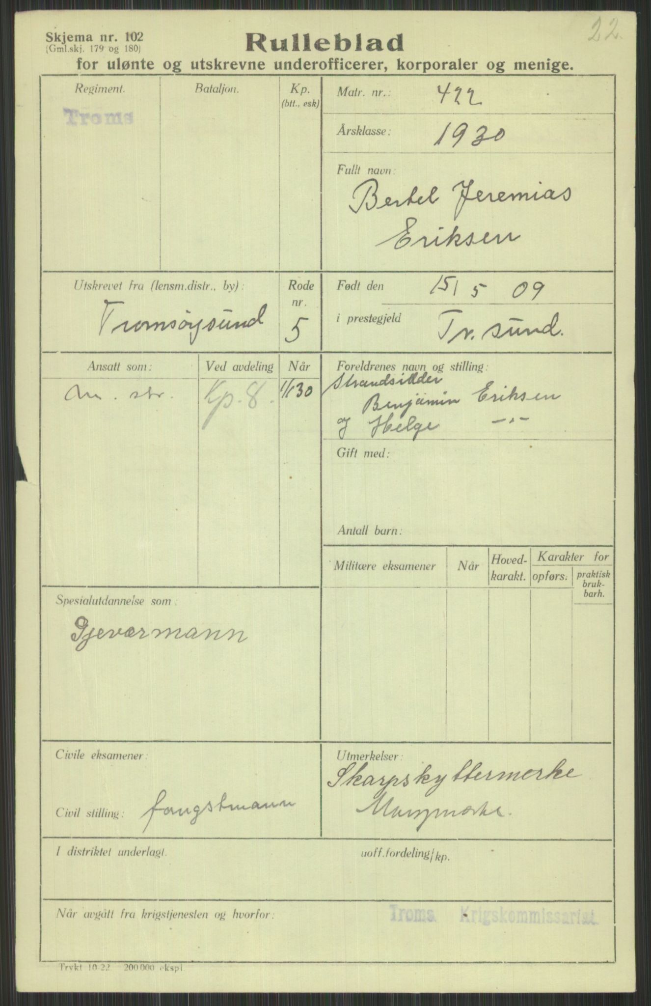 Forsvaret, Troms infanteriregiment nr. 16, AV/RA-RAFA-3146/P/Pa/L0014: Rulleblad for regimentets menige mannskaper, årsklasse 1930, 1930, p. 123