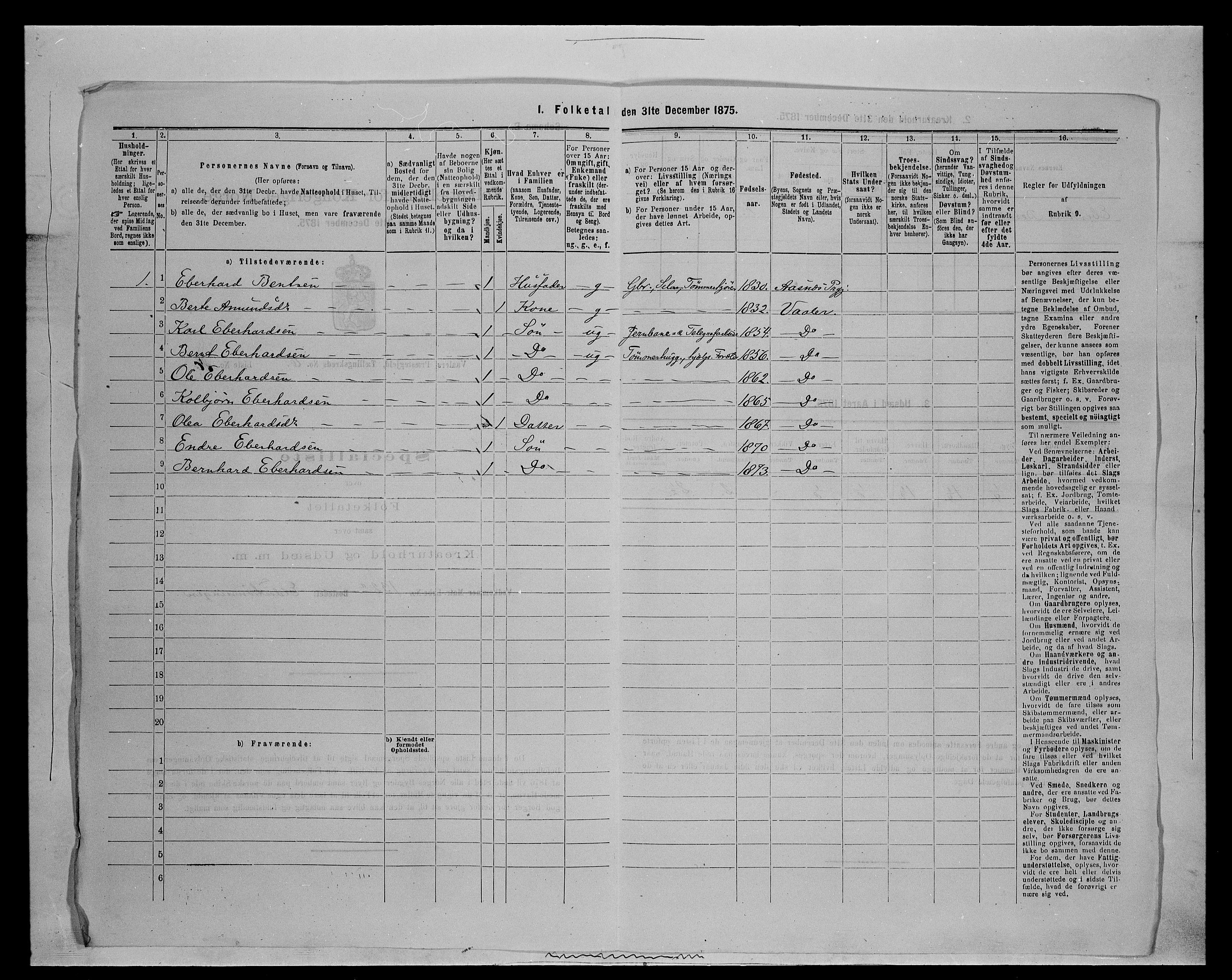 SAH, 1875 census for 0426P Våler parish (Hedmark), 1875, p. 876