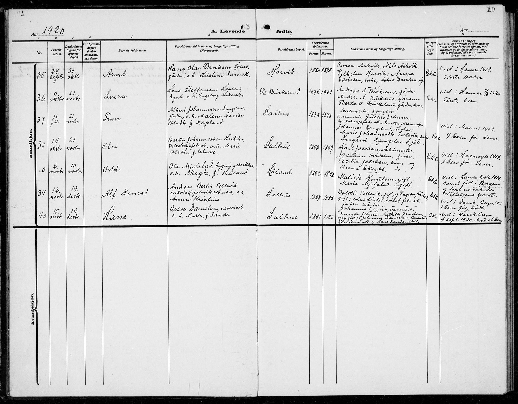 Hamre sokneprestembete, SAB/A-75501/H/Ha/Hab: Parish register (copy) no. B 5, 1920-1940, p. 10