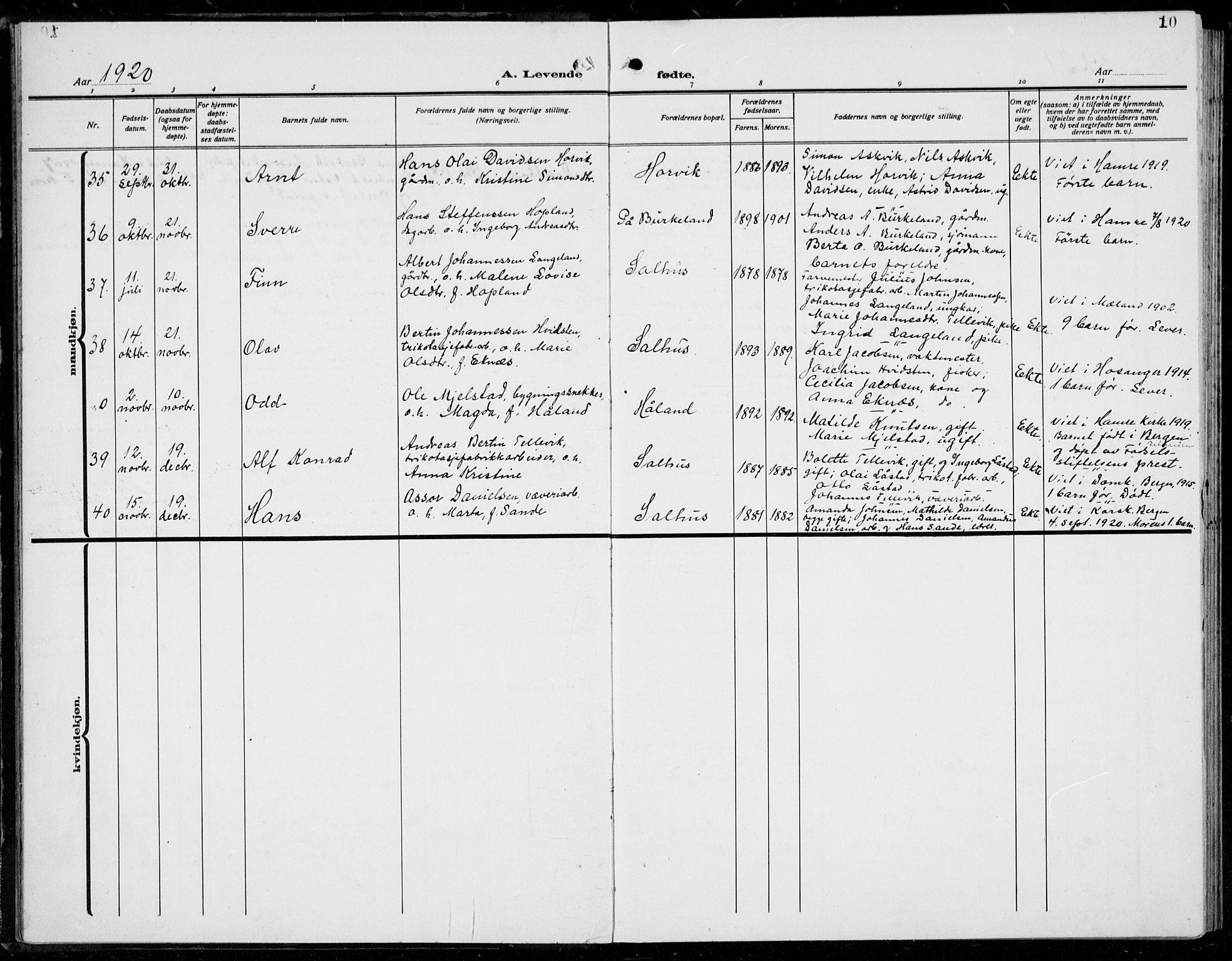 Hamre sokneprestembete, AV/SAB-A-75501/H/Ha/Hab: Parish register (copy) no. B 5, 1920-1940, p. 10