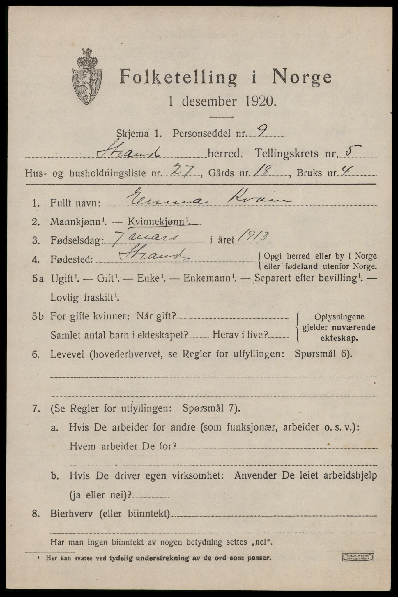 SAST, 1920 census for Strand, 1920, p. 3986