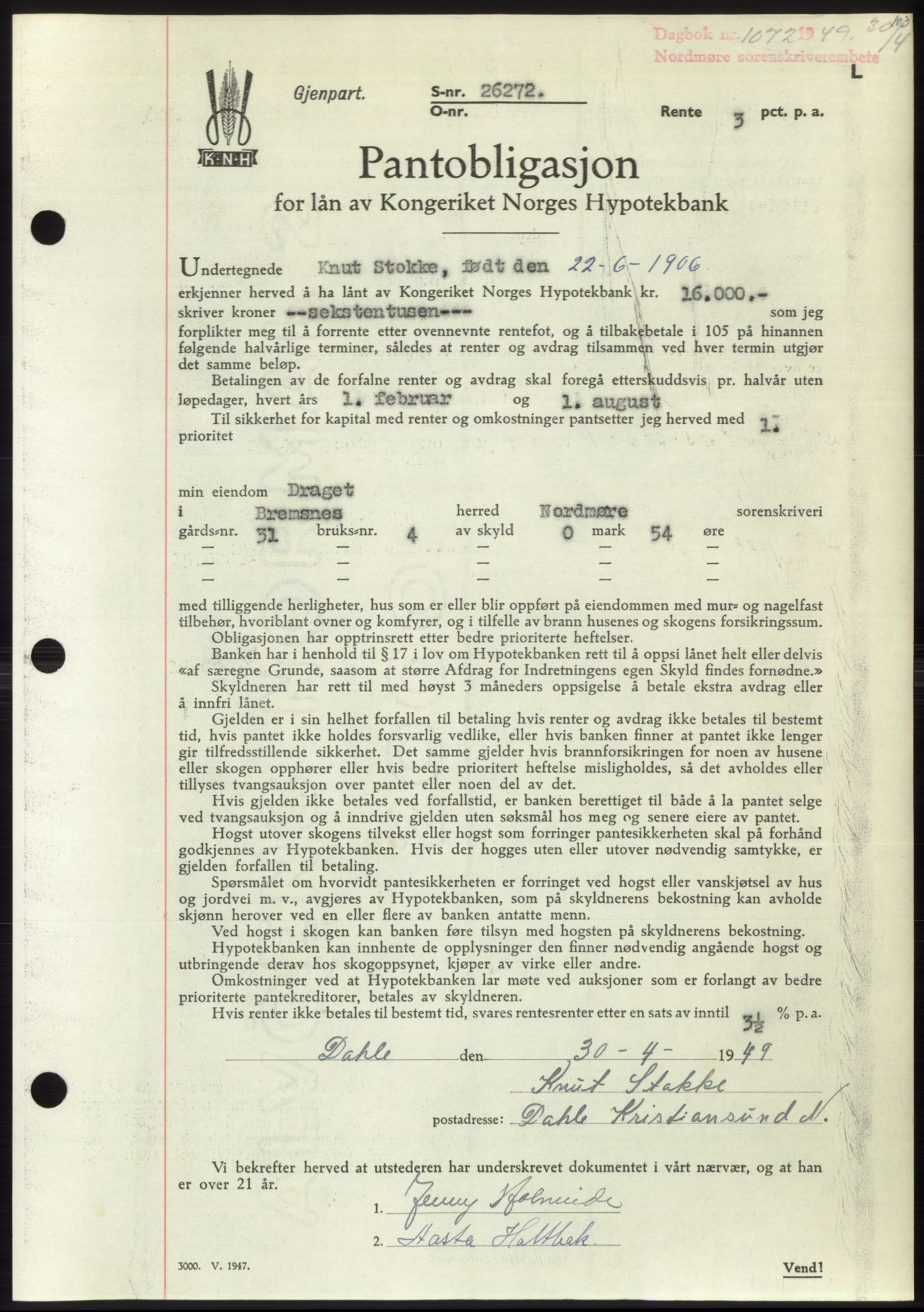 Nordmøre sorenskriveri, AV/SAT-A-4132/1/2/2Ca: Mortgage book no. B101, 1949-1949, Diary no: : 1072/1949