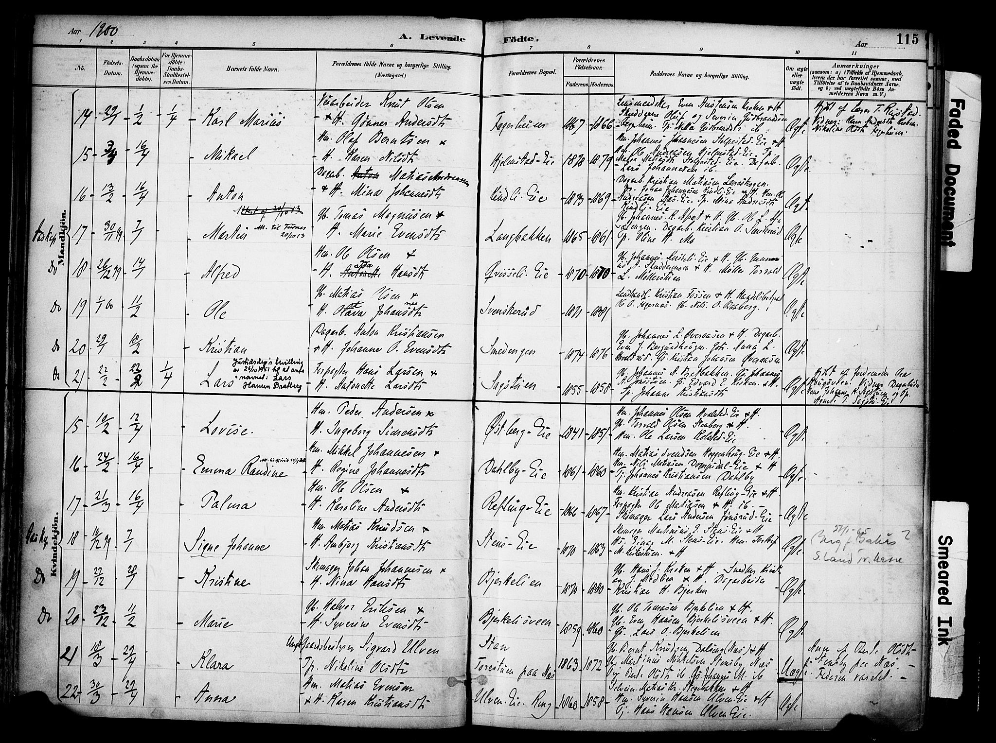 Ringsaker prestekontor, AV/SAH-PREST-014/K/Ka/L0017: Parish register (official) no. 17, 1891-1902, p. 115