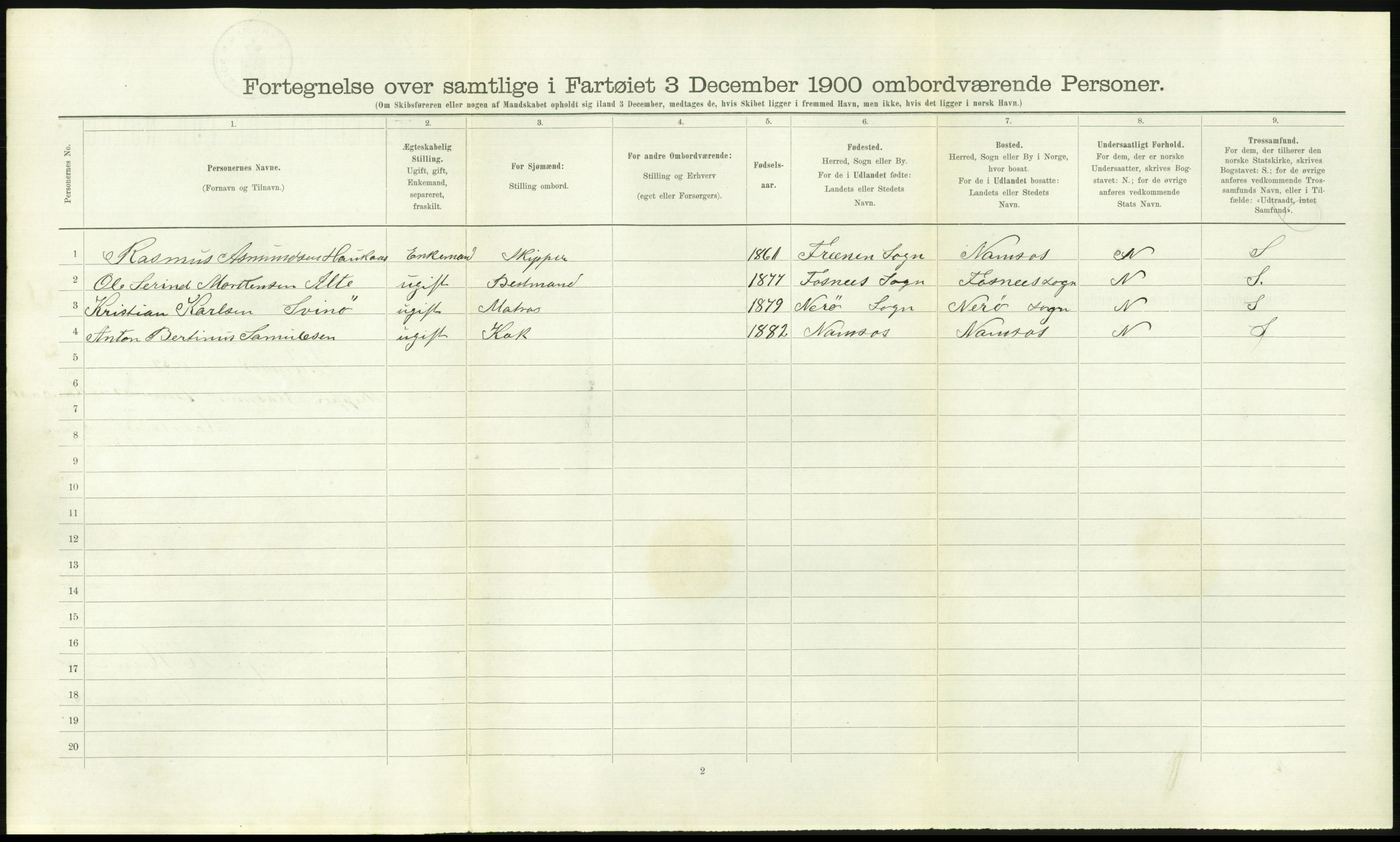 RA, 1900 Census - ship lists from ships in Norwegian harbours, harbours abroad and at sea, 1900, p. 2750