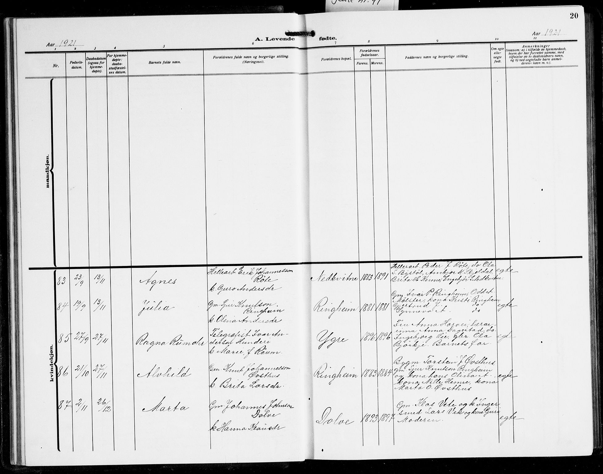 Voss sokneprestembete, SAB/A-79001/H/Hab: Parish register (copy) no. C 4, 1920-1944, p. 20