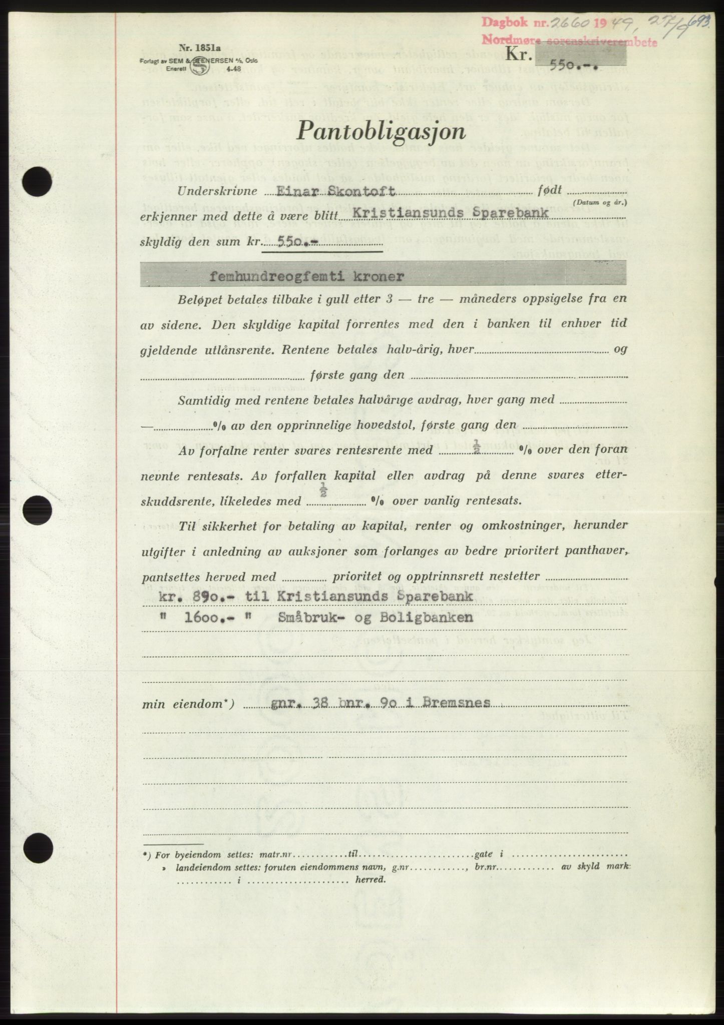 Nordmøre sorenskriveri, AV/SAT-A-4132/1/2/2Ca: Mortgage book no. B102, 1949-1949, Diary no: : 2660/1949