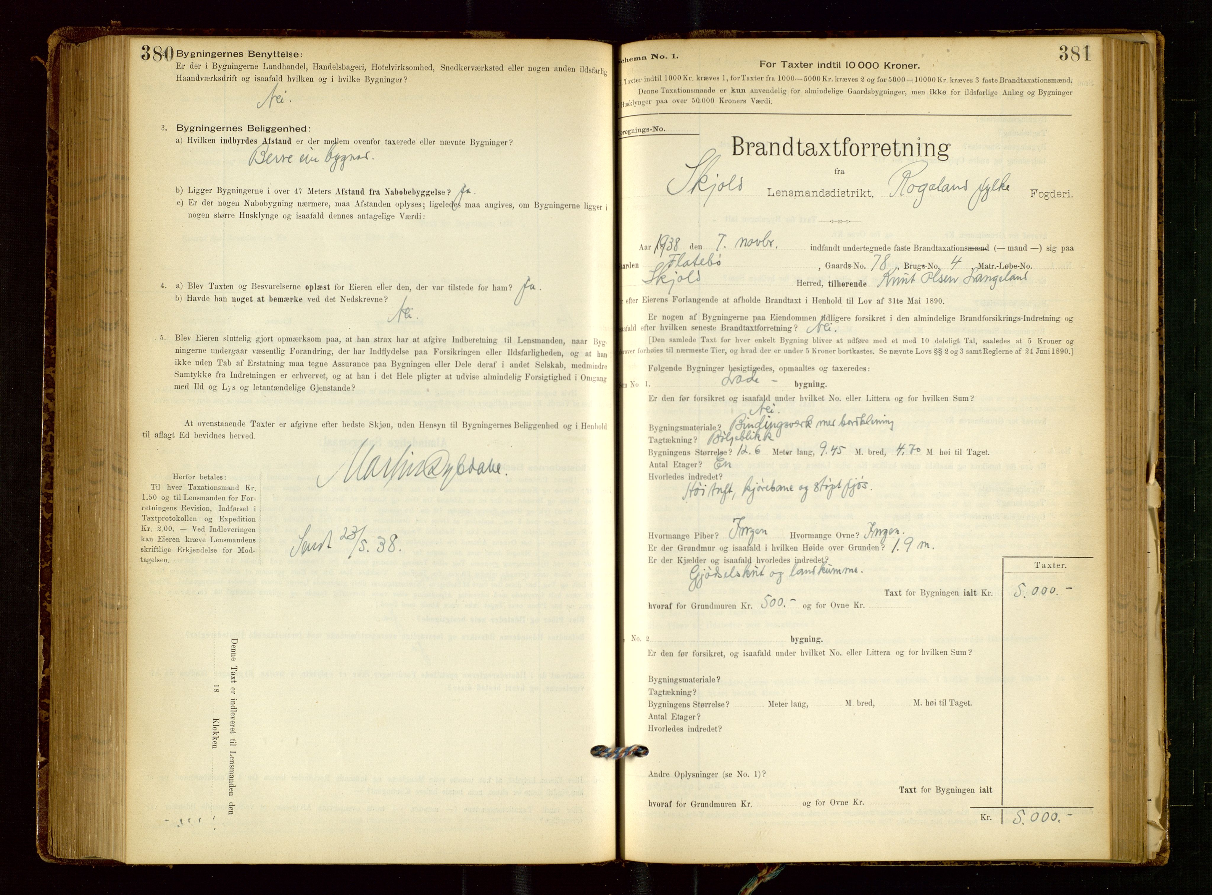 Skjold lensmannskontor, AV/SAST-A-100182/Gob/L0001: "Brandtaxationsprotokol for Skjold Lensmandsdistrikt Ryfylke Fogderi", 1894-1939, p. 380-381