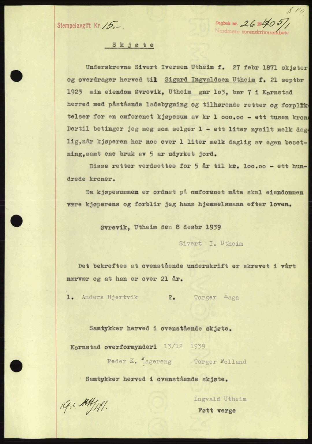 Nordmøre sorenskriveri, AV/SAT-A-4132/1/2/2Ca: Mortgage book no. A87, 1939-1940, Diary no: : 26/1940