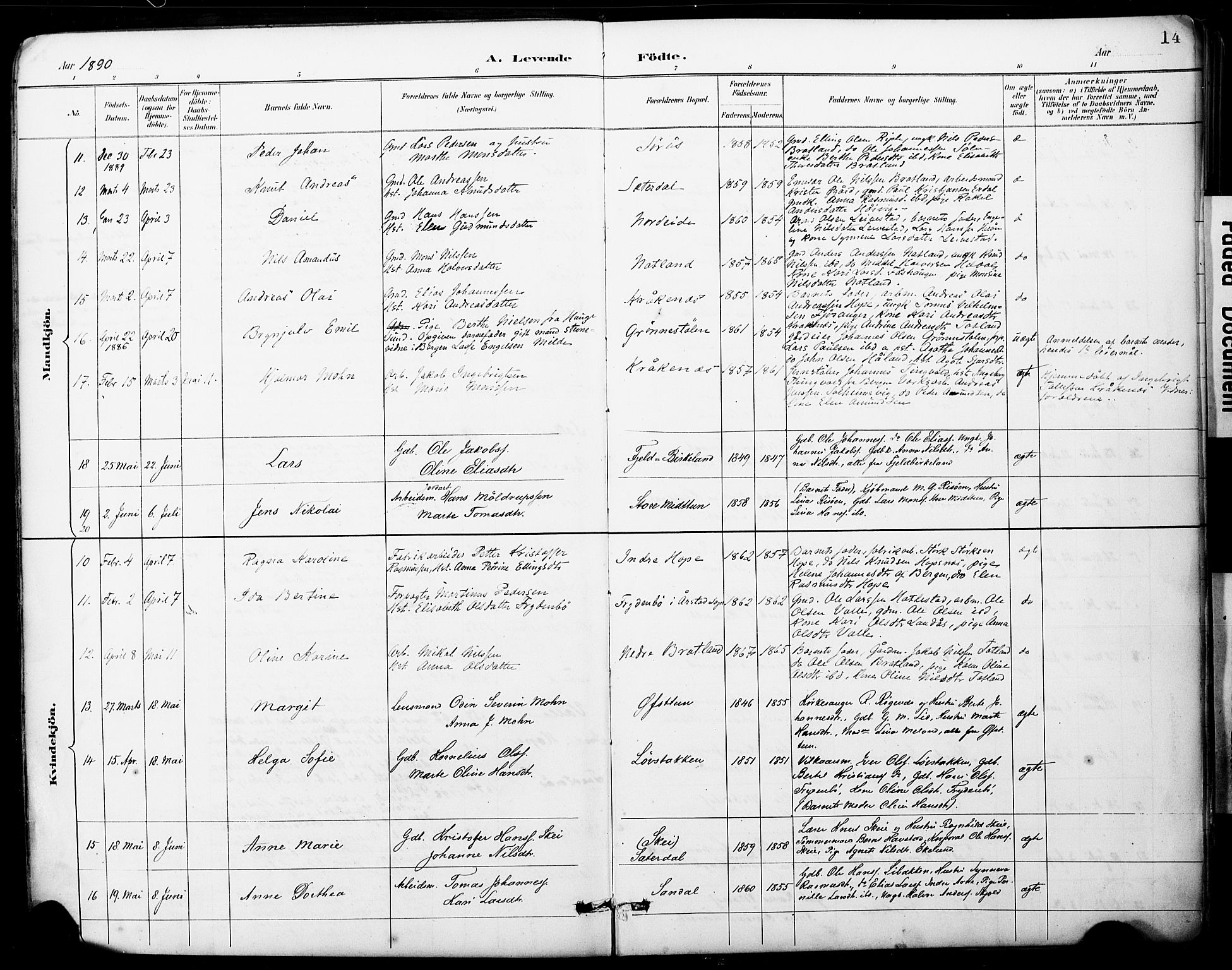 Fana Sokneprestembete, AV/SAB-A-75101/H/Haa/Haai/L0002: Parish register (official) no. I 2, 1888-1899, p. 14