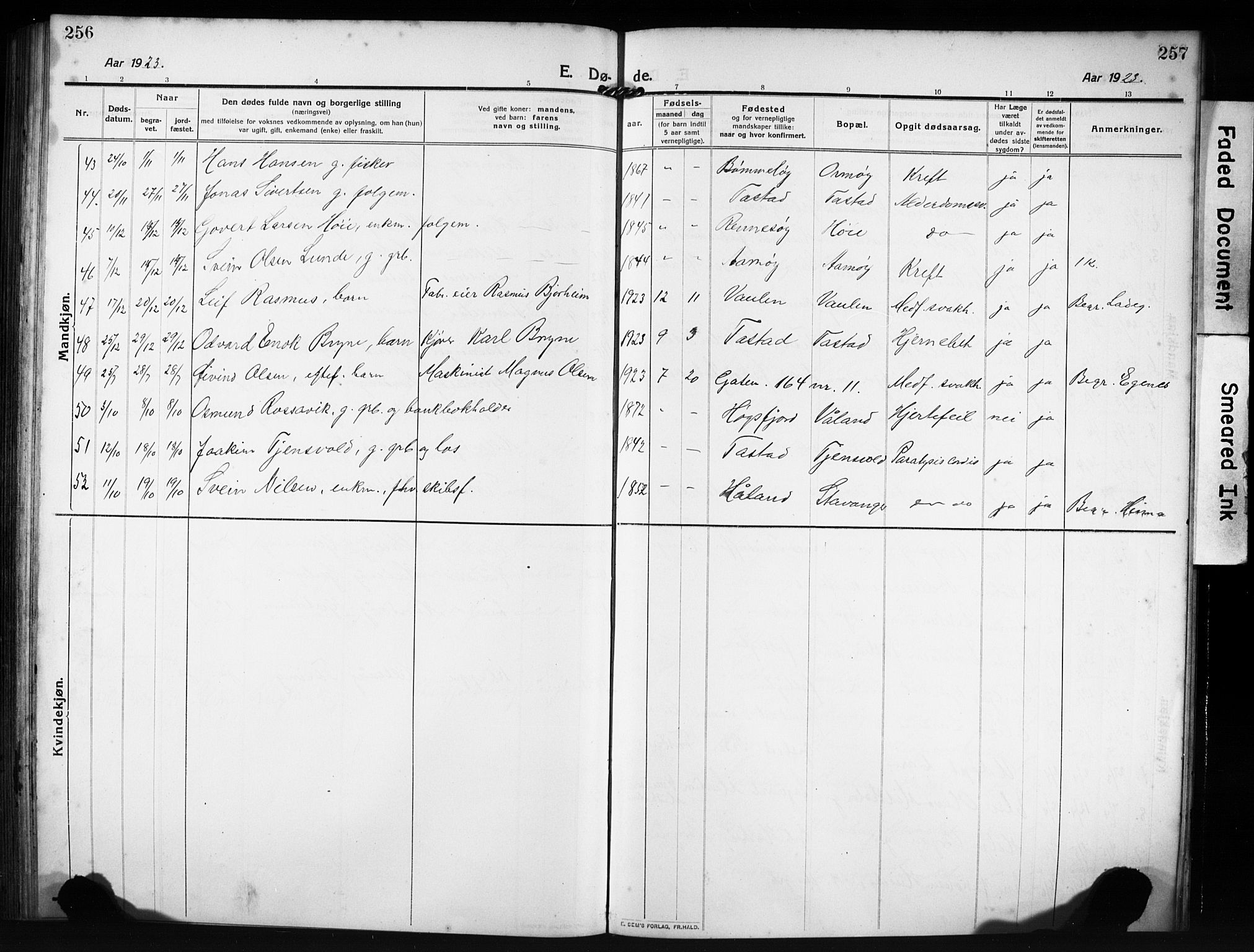 Hetland sokneprestkontor, AV/SAST-A-101826/30/30BB/L0009: Parish register (copy) no. B 9, 1910-1931, p. 256-257