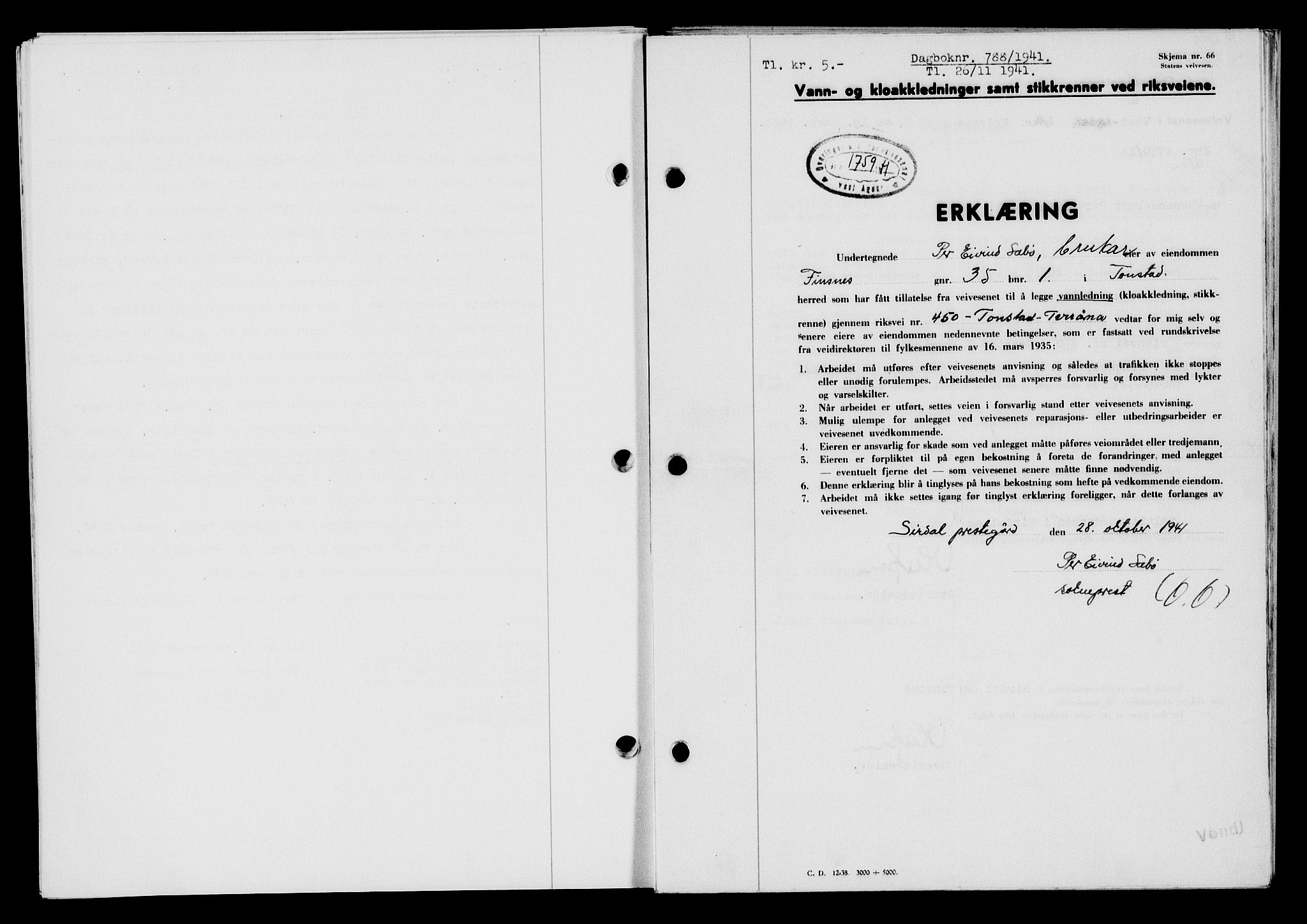 Flekkefjord sorenskriveri, SAK/1221-0001/G/Gb/Gba/L0057: Mortgage book no. A-5, 1941-1942, Diary no: : 788/1941