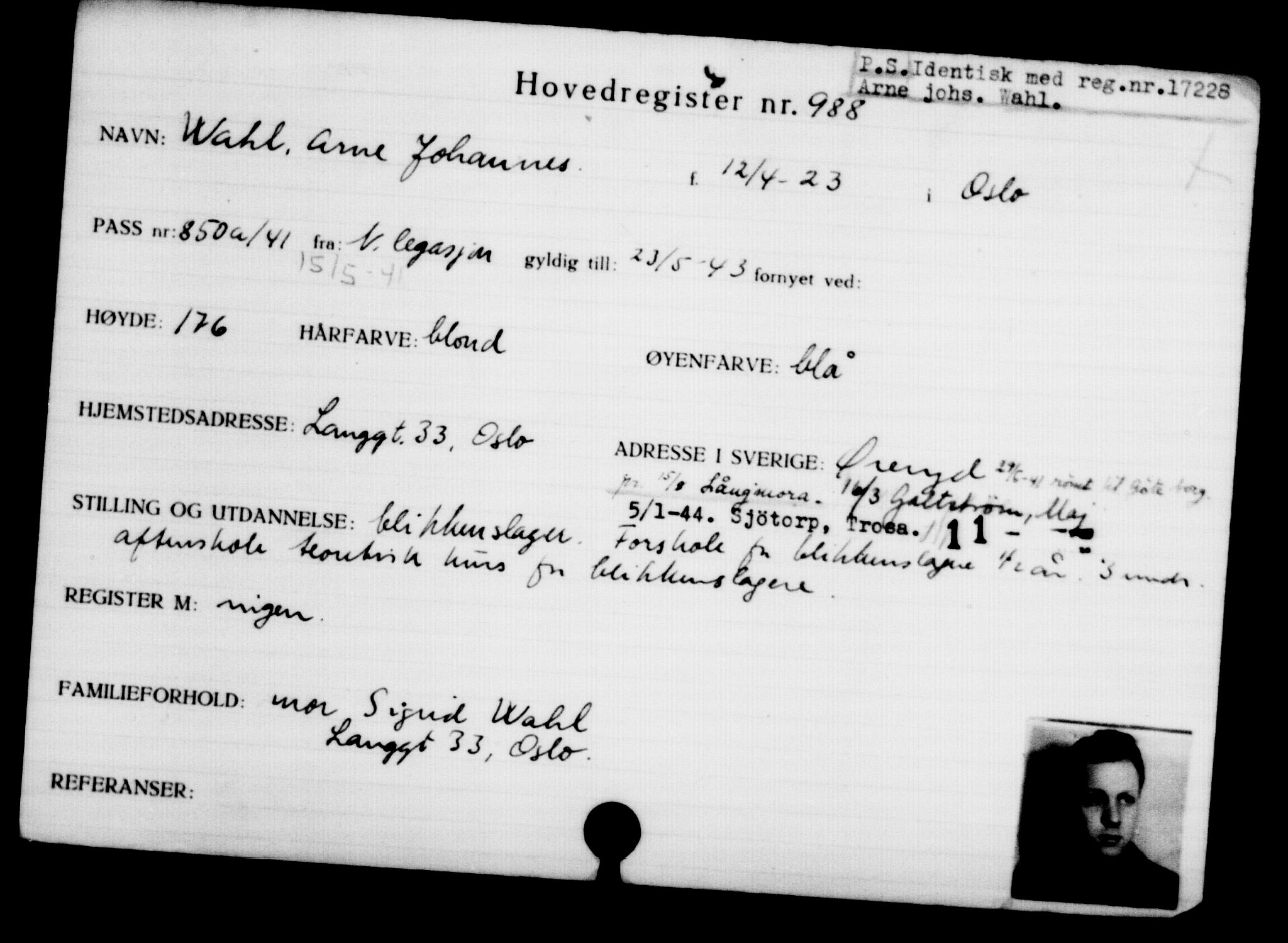 Utenriksstasjonene, Legasjonen i Stockholm, Flyktningkontoret, AV/RA-S-6753/V/Va/L0001: Kjesäterkartoteket, flyktninger med registreringsnr. 1-1000, 1940-1945, p. 1530