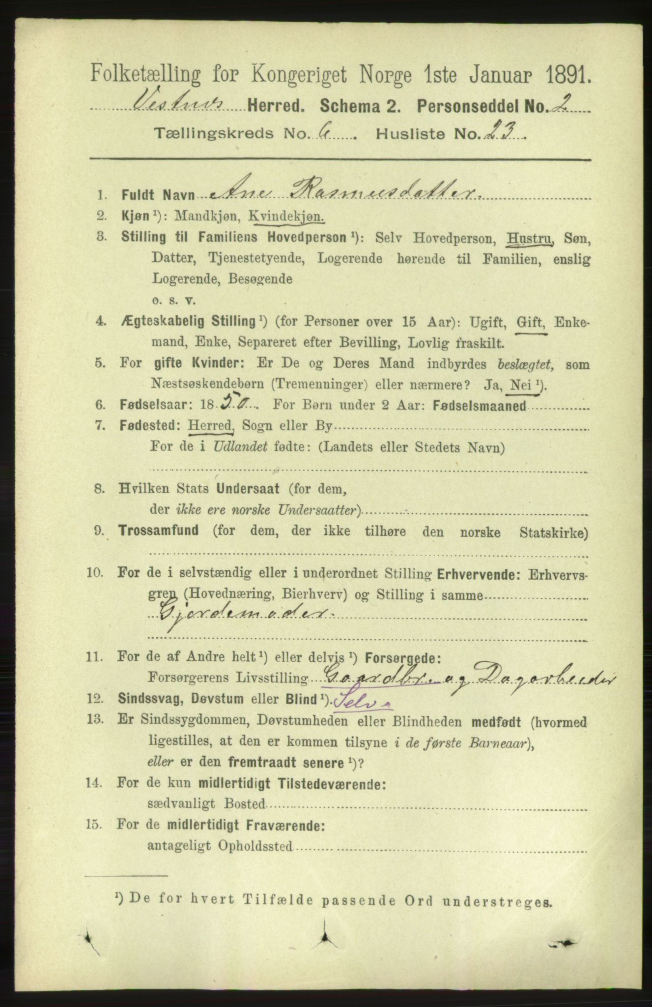 RA, 1891 census for 1535 Vestnes, 1891, p. 2302