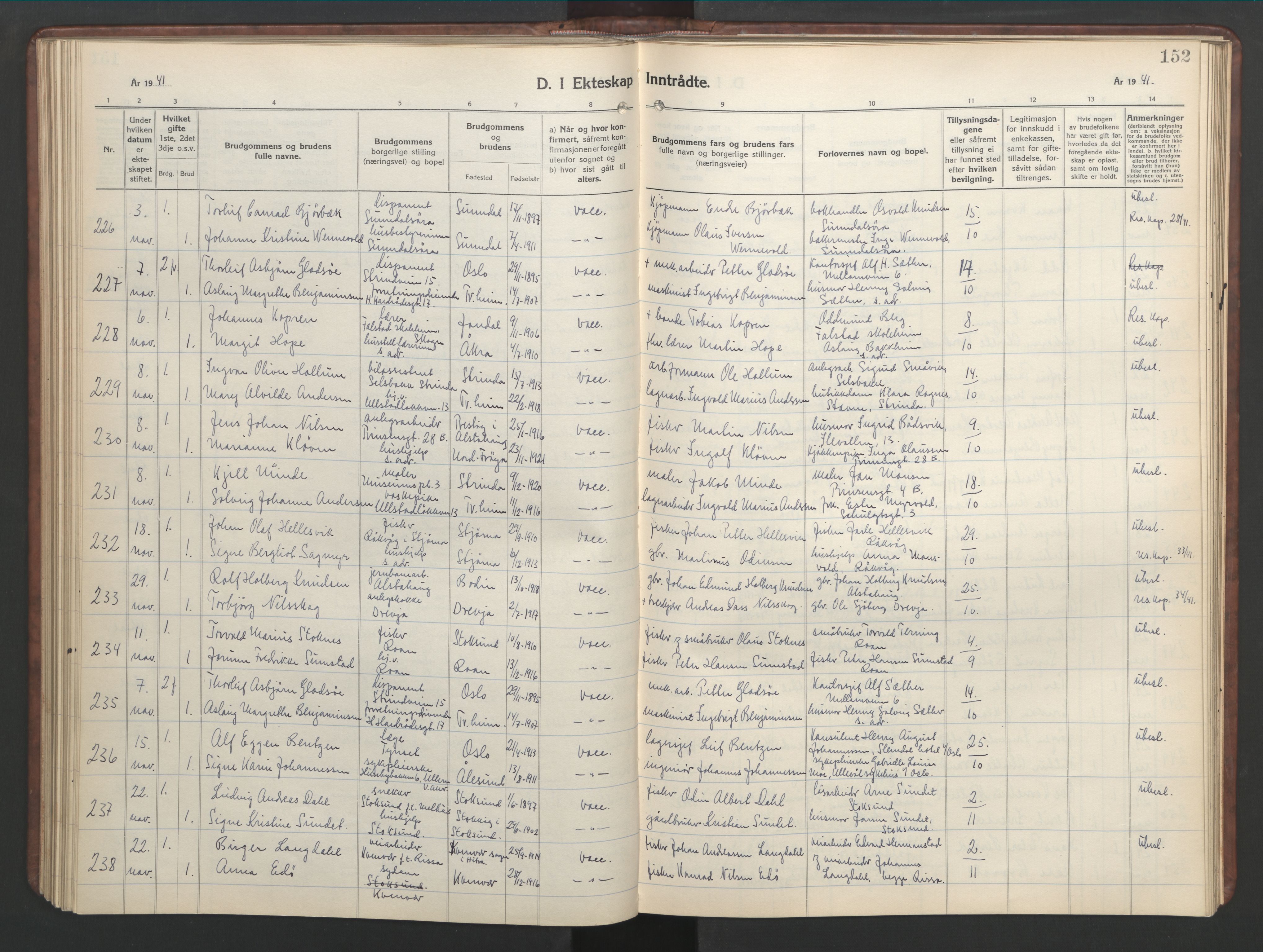 Ministerialprotokoller, klokkerbøker og fødselsregistre - Sør-Trøndelag, SAT/A-1456/601/L0101: Parish register (copy) no. 601C19, 1935-1946, p. 152