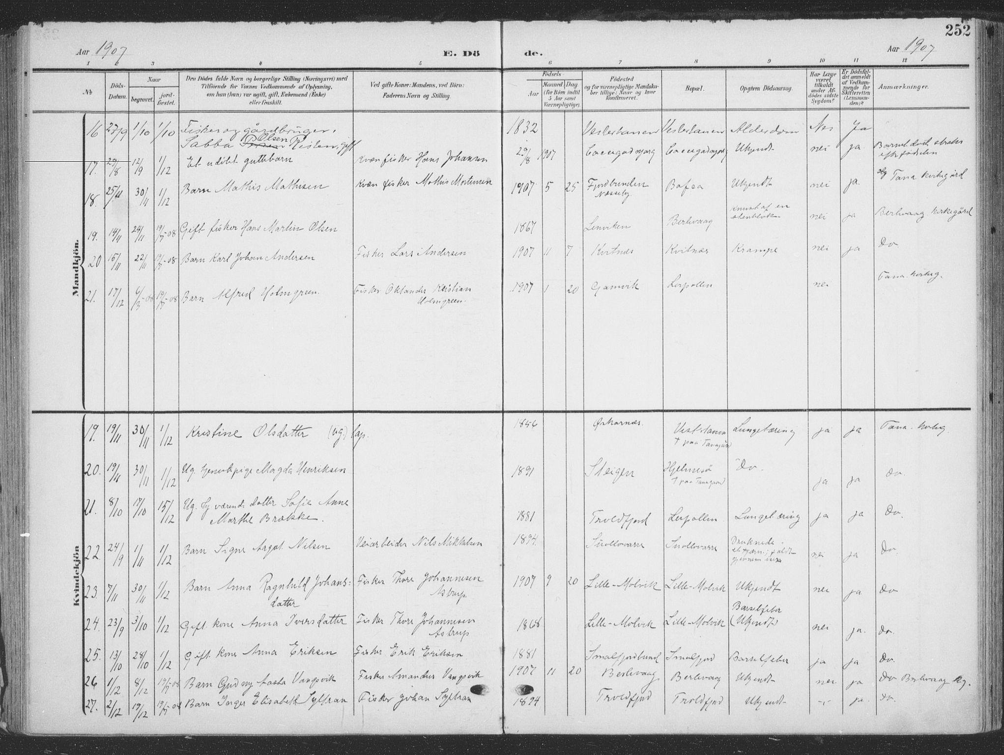 Tana sokneprestkontor, AV/SATØ-S-1334/H/Ha/L0007kirke: Parish register (official) no. 7, 1904-1918, p. 252