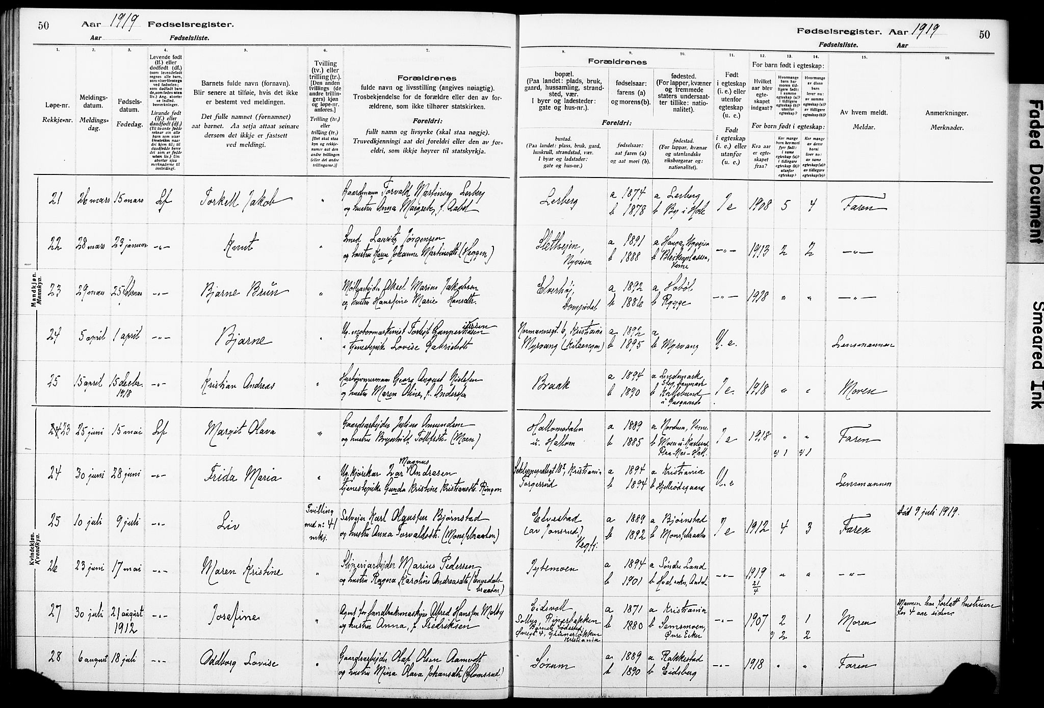 Norderhov kirkebøker, AV/SAKO-A-237/J/Ja/L0001: Birth register no. 1, 1916-1930, p. 50