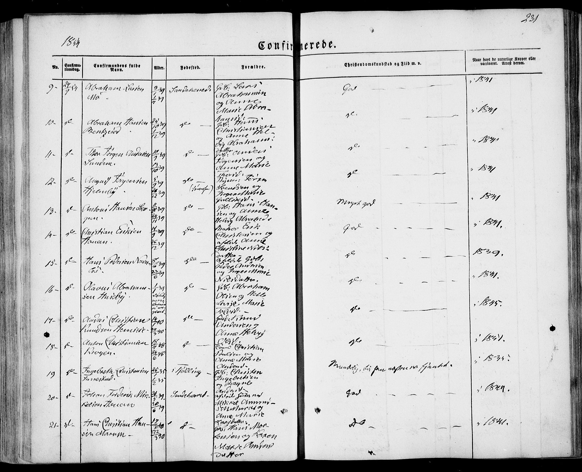 Sandar kirkebøker, SAKO/A-243/F/Fa/L0006: Parish register (official) no. 6, 1847-1860, p. 231