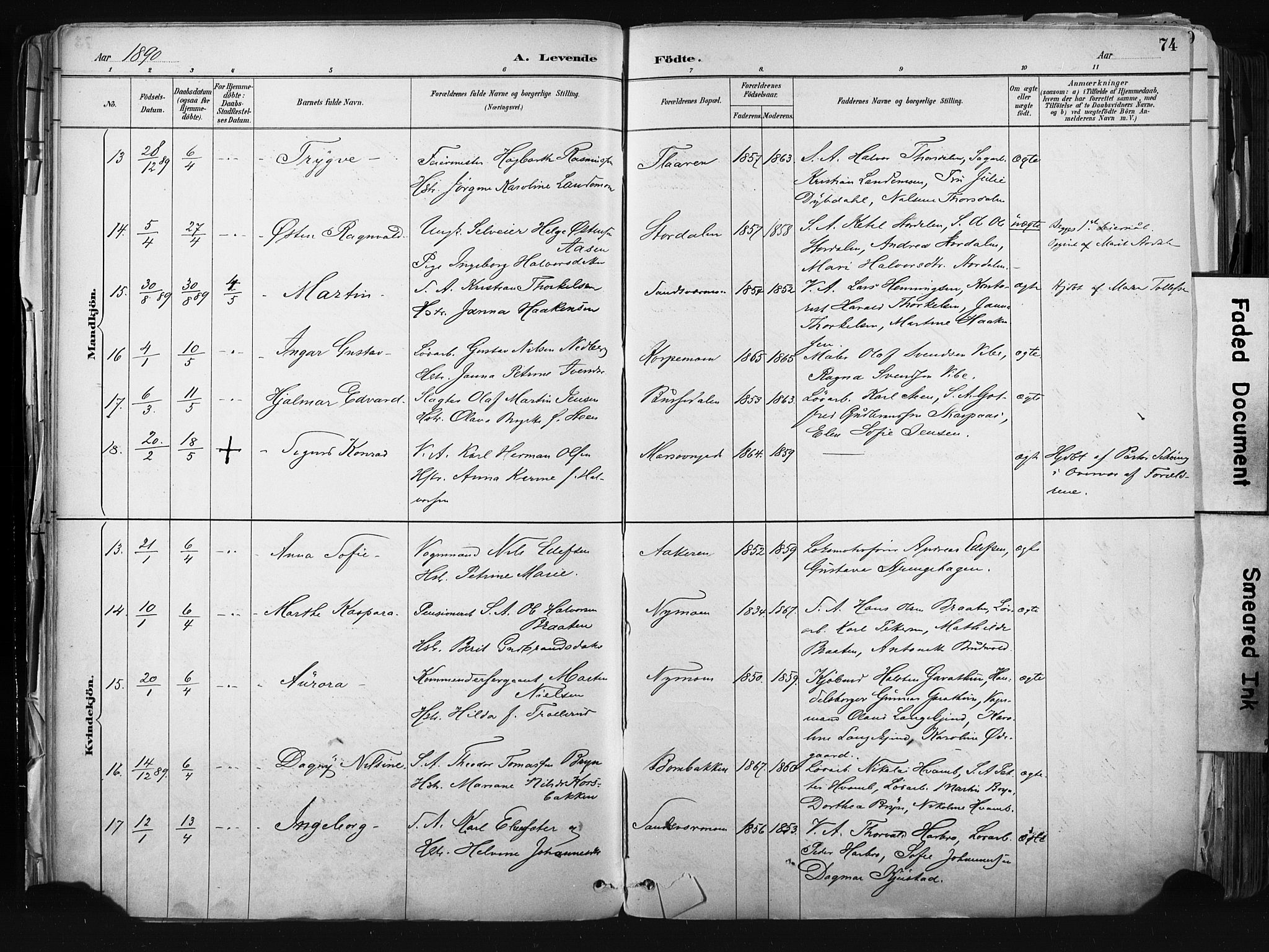 Kongsberg kirkebøker, AV/SAKO-A-22/F/Fb/L0002: Parish register (official) no. II 2, 1886-1896, p. 74