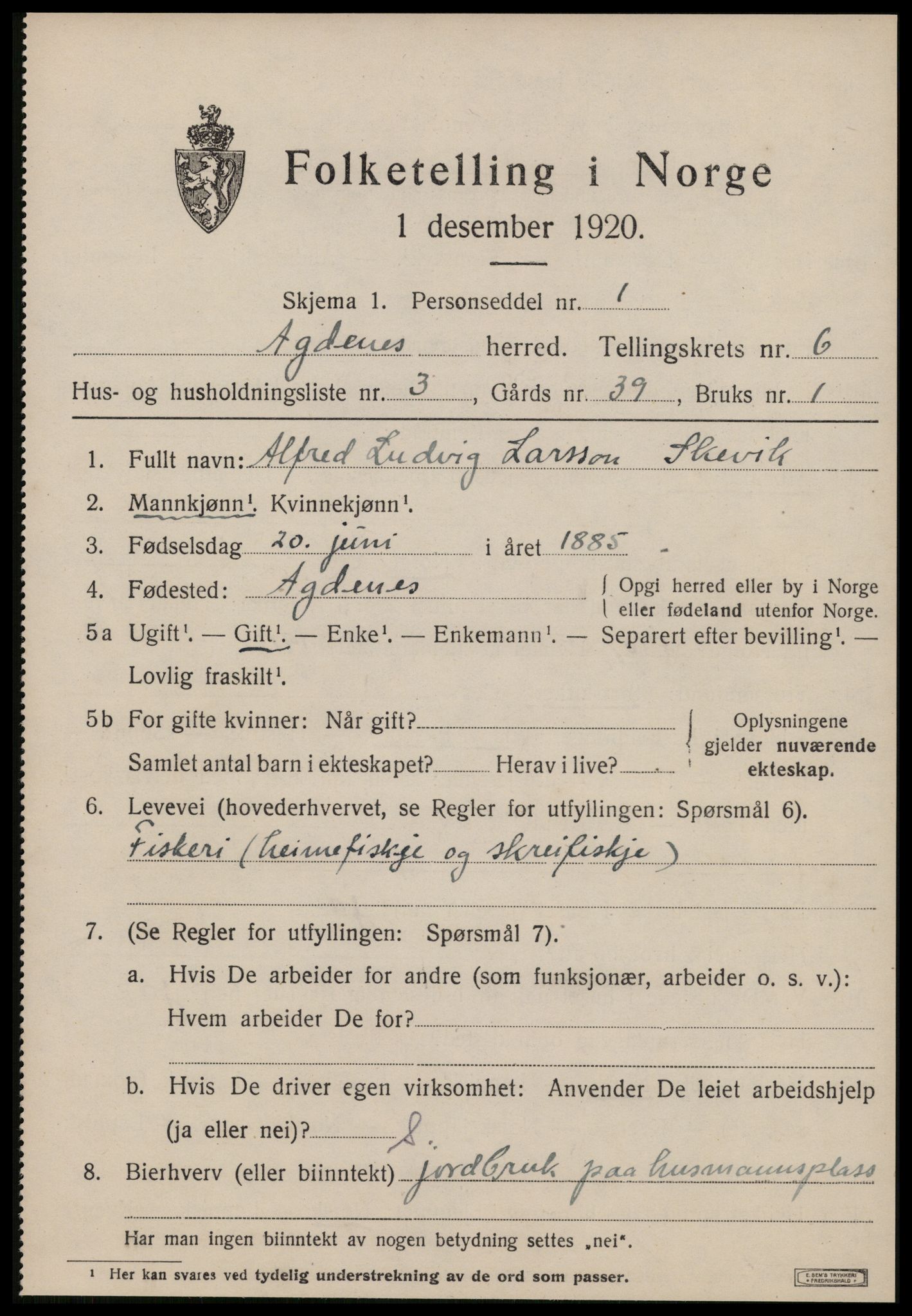 SAT, 1920 census for Agdenes, 1920, p. 2487