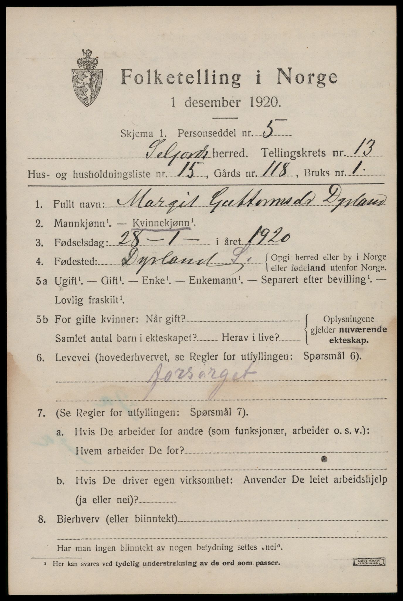 SAKO, 1920 census for Seljord, 1920, p. 6150