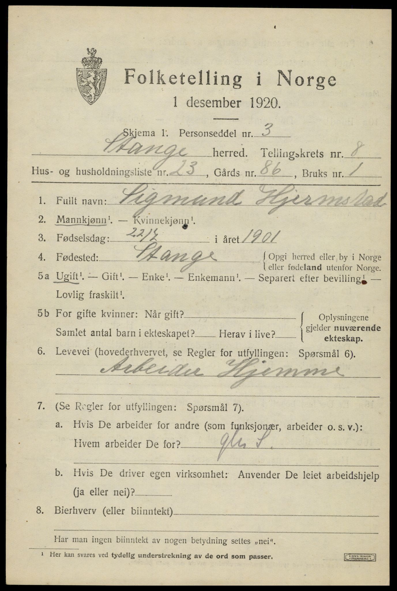 SAH, 1920 census for Stange, 1920, p. 13795