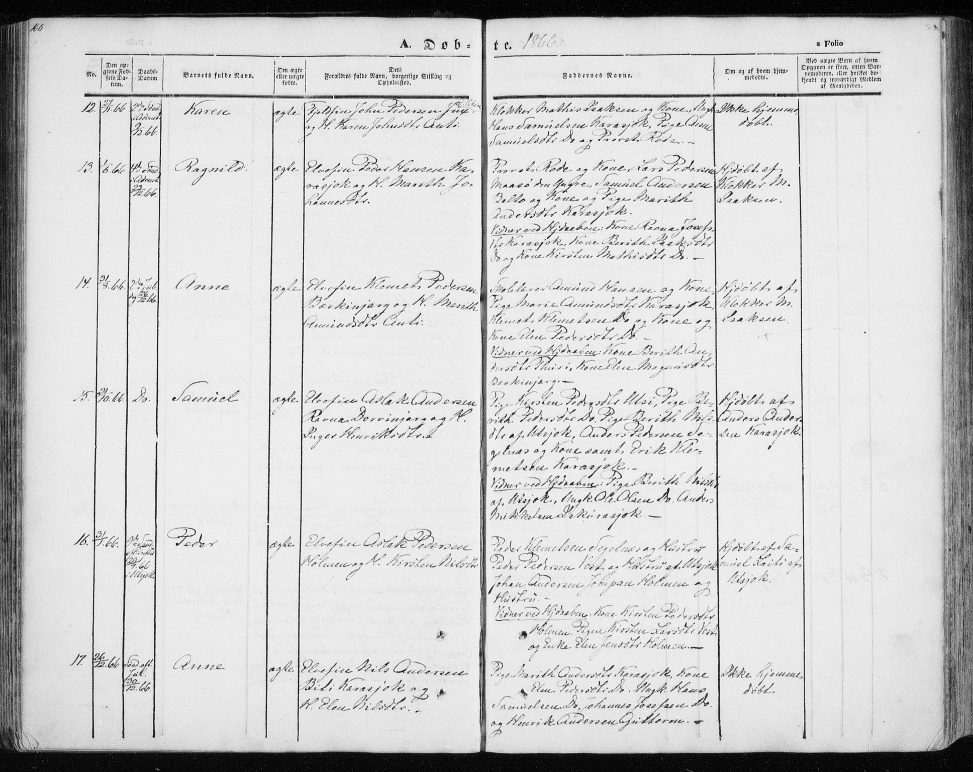 Kistrand/Porsanger sokneprestembete, AV/SATØ-S-1351/H/Ha/L0012.kirke: Parish register (official) no. 12, 1843-1871, p. 166-167