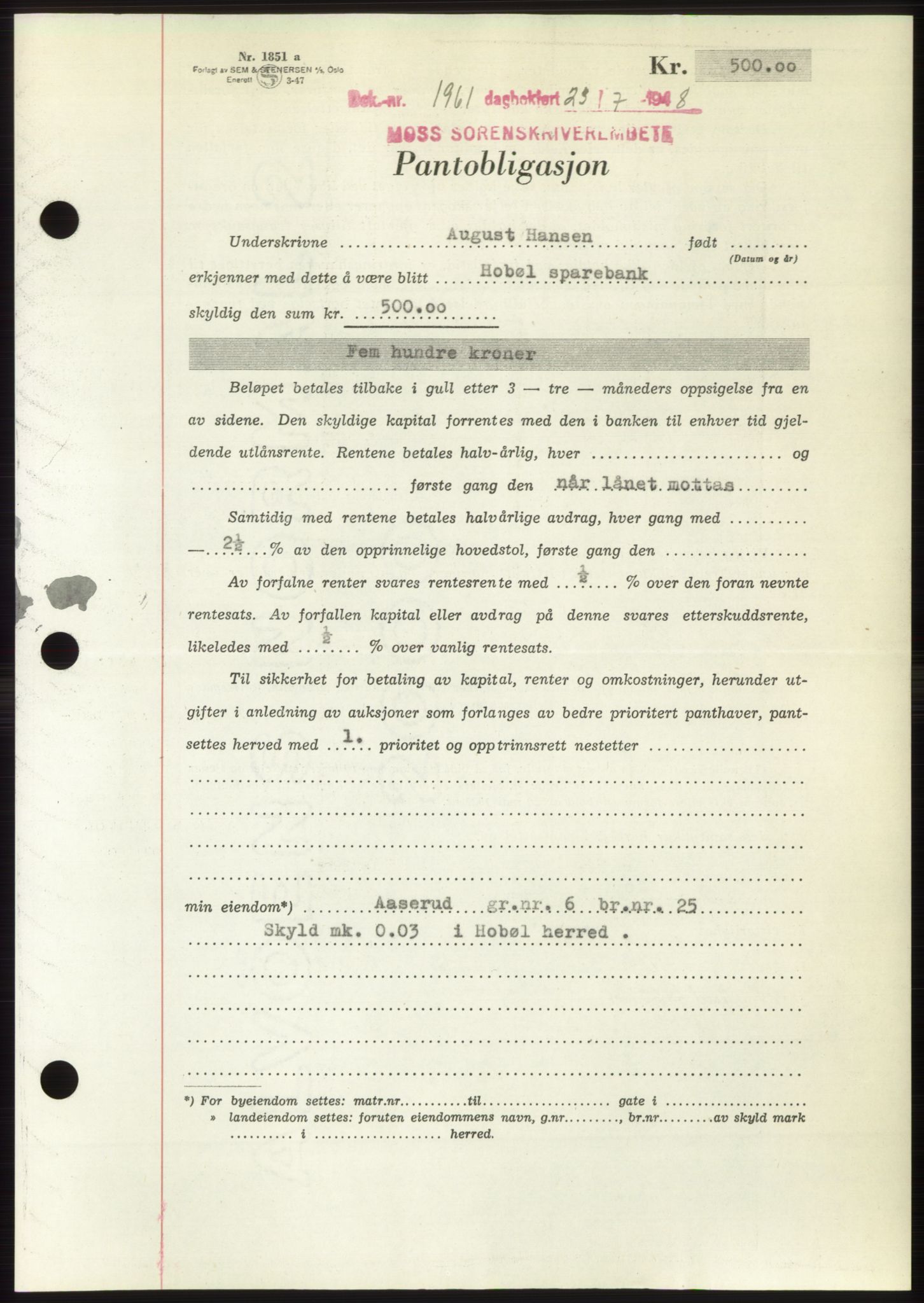 Moss sorenskriveri, AV/SAO-A-10168: Mortgage book no. B20, 1948-1948, Diary no: : 1961/1948