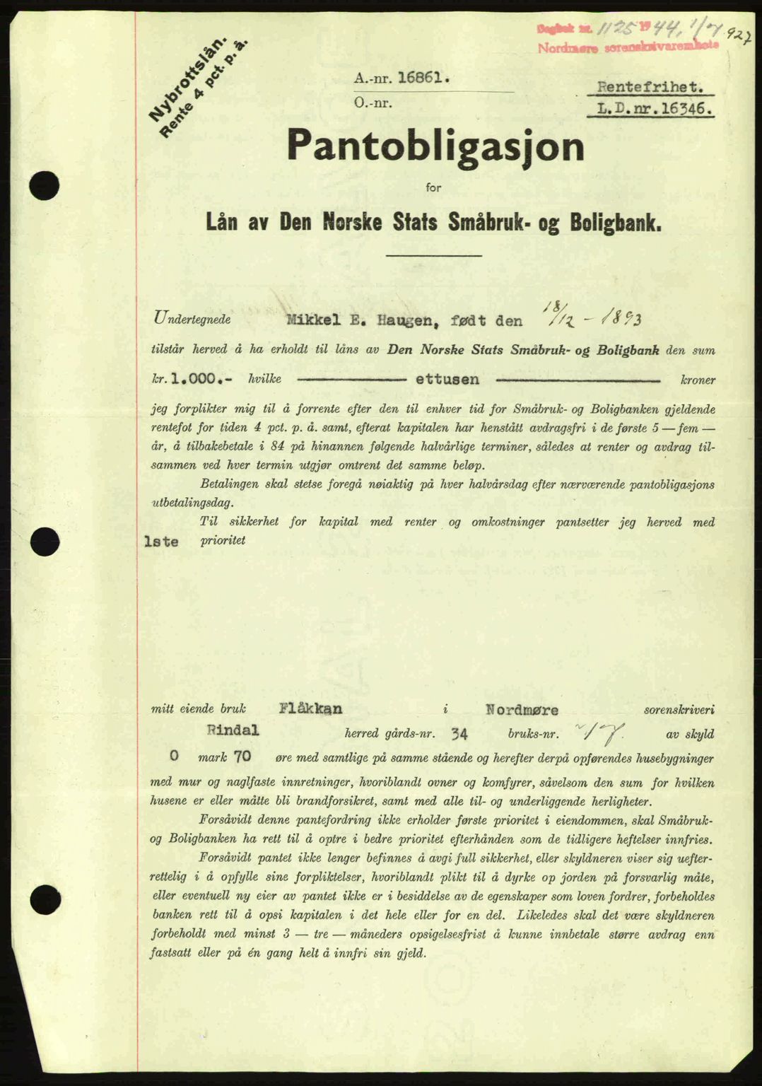 Nordmøre sorenskriveri, AV/SAT-A-4132/1/2/2Ca: Mortgage book no. B91, 1943-1944, Diary no: : 1125/1944