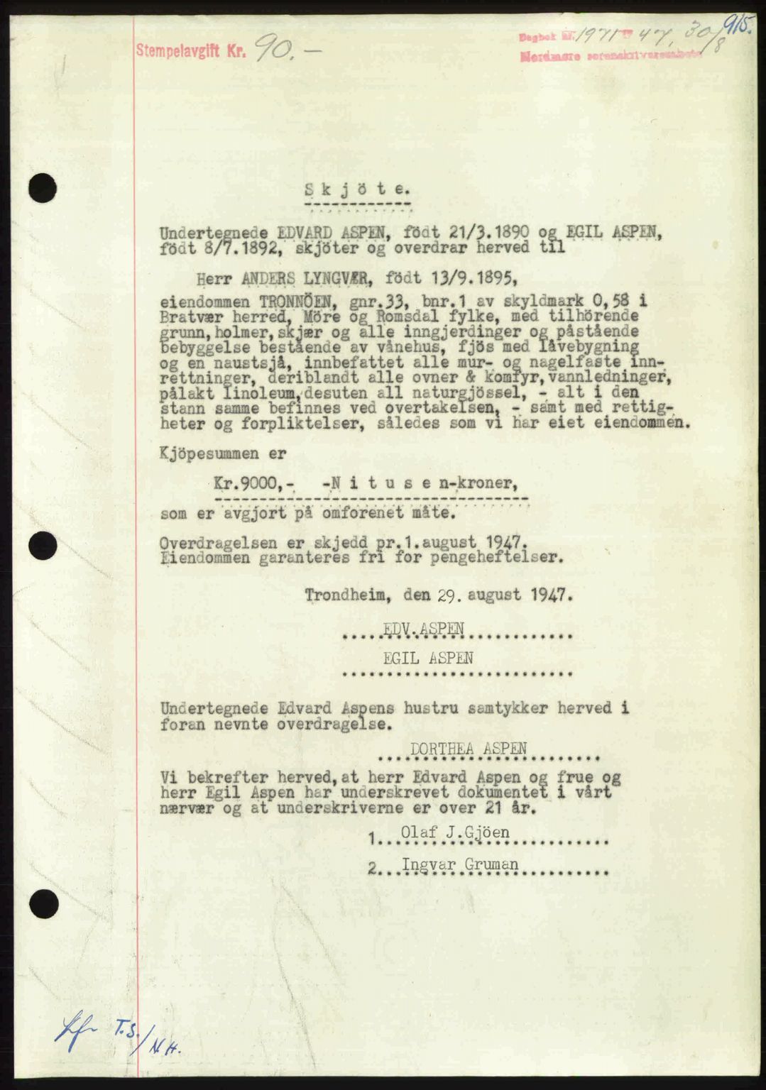 Nordmøre sorenskriveri, AV/SAT-A-4132/1/2/2Ca: Mortgage book no. A105, 1947-1947, Diary no: : 1971/1947