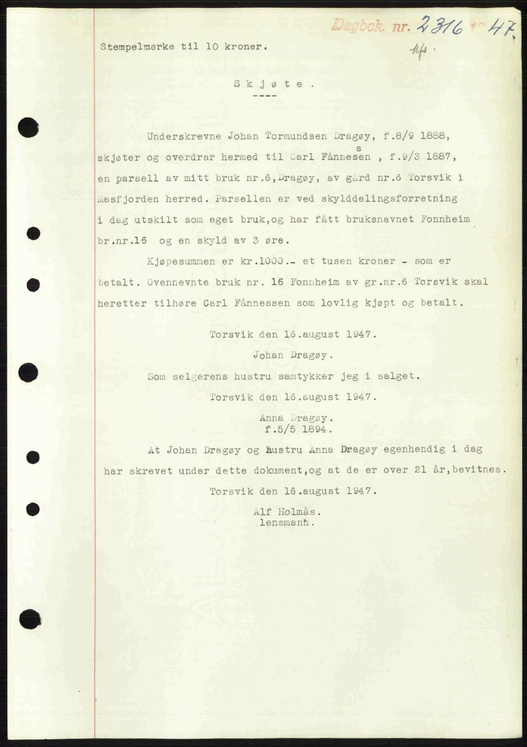 Nordhordland sorenskrivar, SAB/A-2901/1/G/Gb/Gbf/L0032: Mortgage book no. A32, 1947-1947, Diary no: : 2316/1947