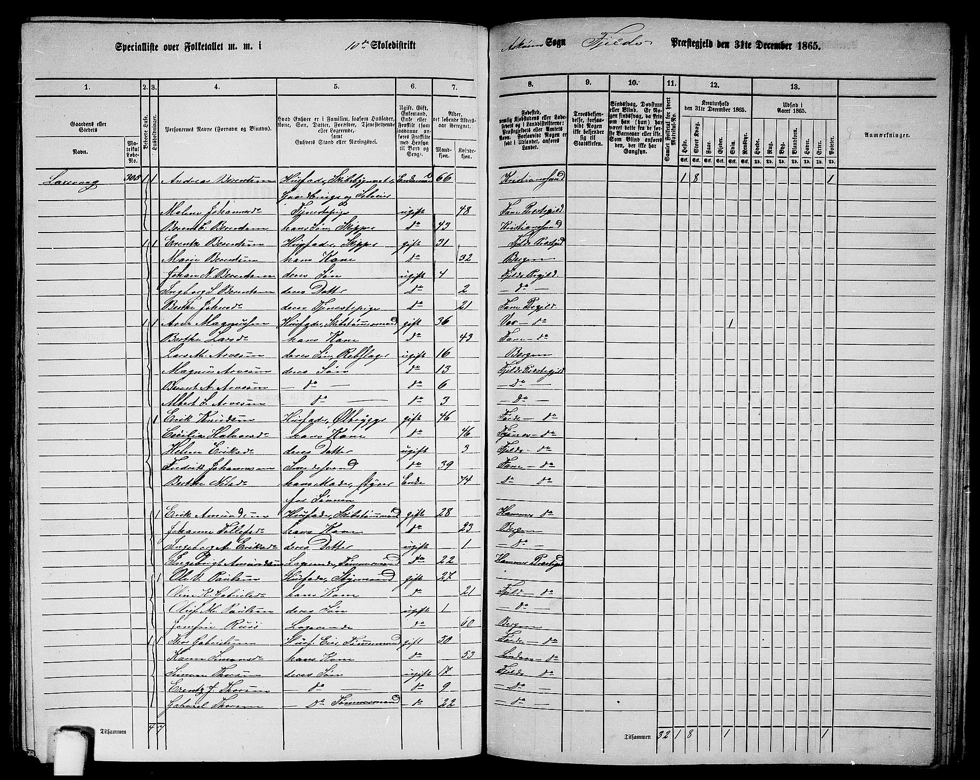 RA, 1865 census for Fjell, 1865, p. 207