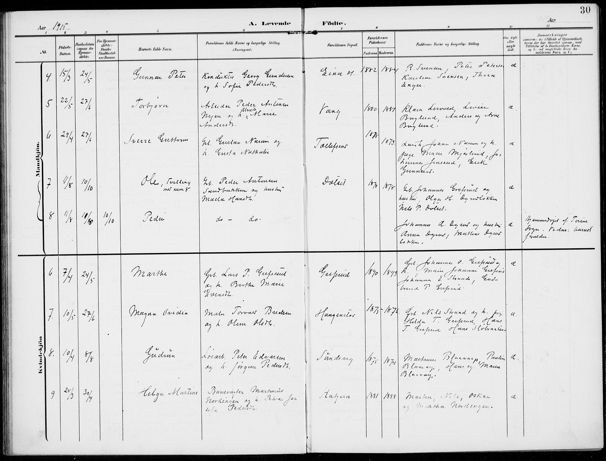 Kolbu prestekontor, SAH/PREST-110/H/Ha/Haa/L0001: Parish register (official) no. 1, 1907-1923, p. 30
