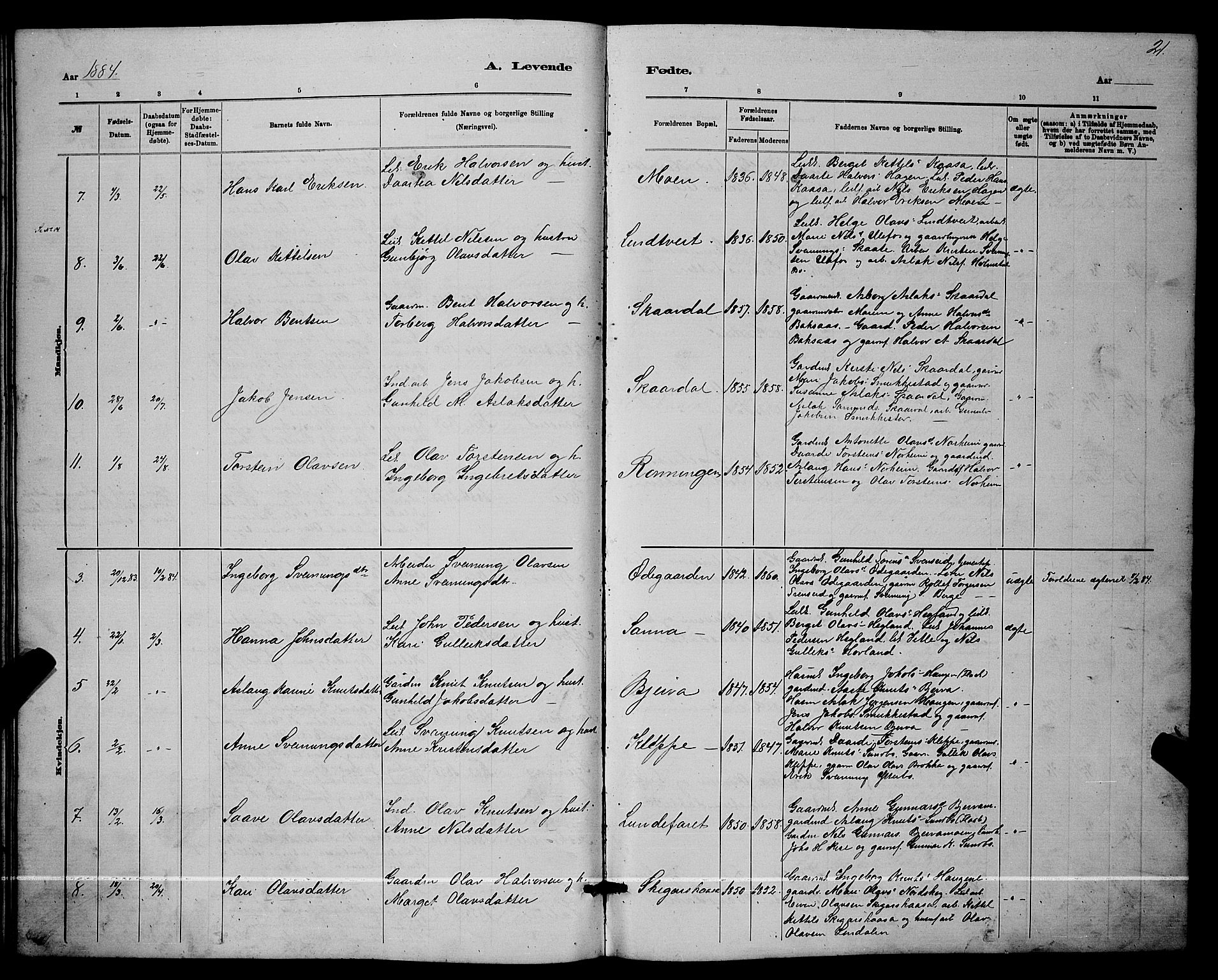 Lunde kirkebøker, SAKO/A-282/G/Ga/L0001b: Parish register (copy) no. I 1, 1879-1887, p. 21