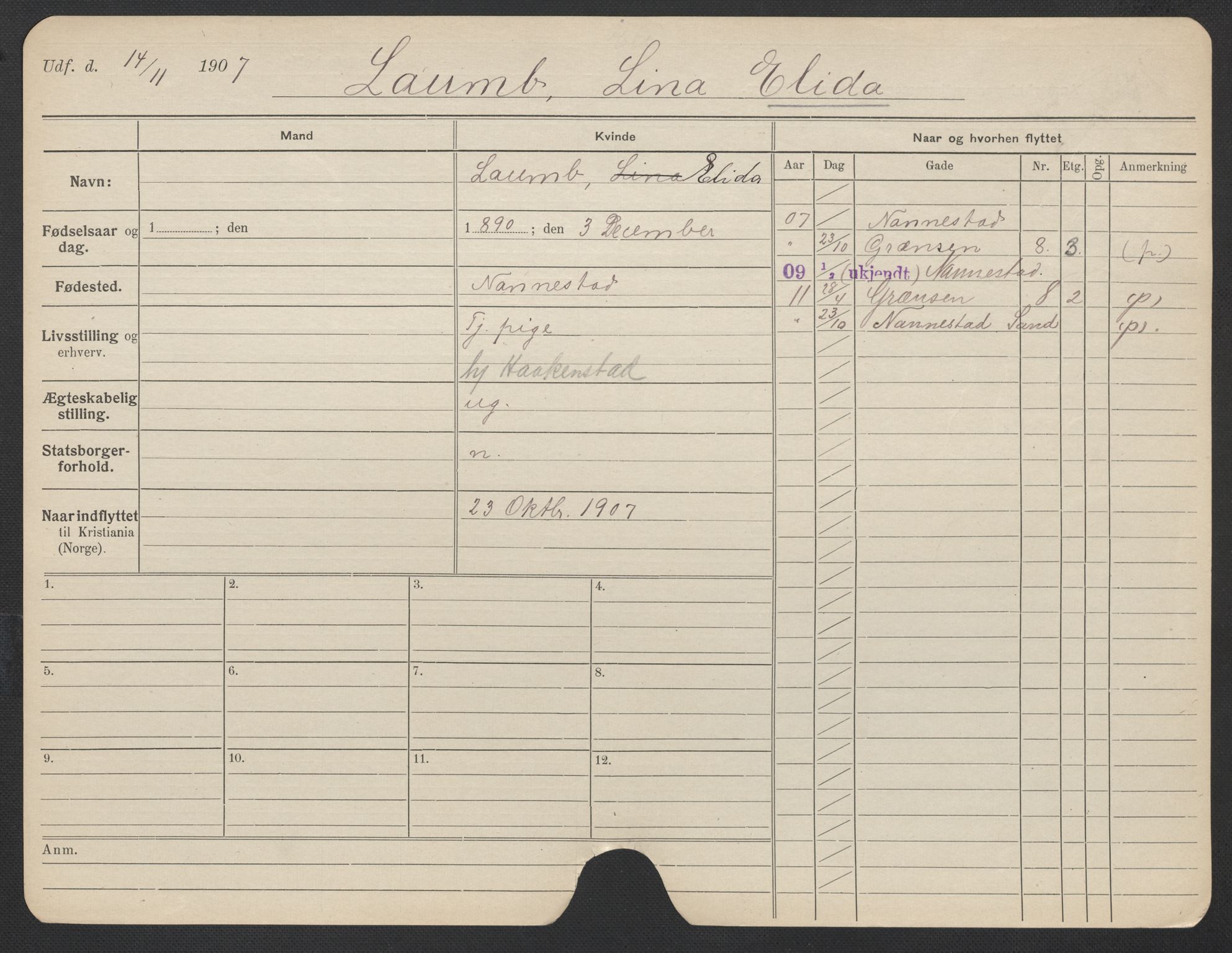 Oslo folkeregister, Registerkort, AV/SAO-A-11715/F/Fa/Fac/L0019: Kvinner, 1906-1914, p. 1178a