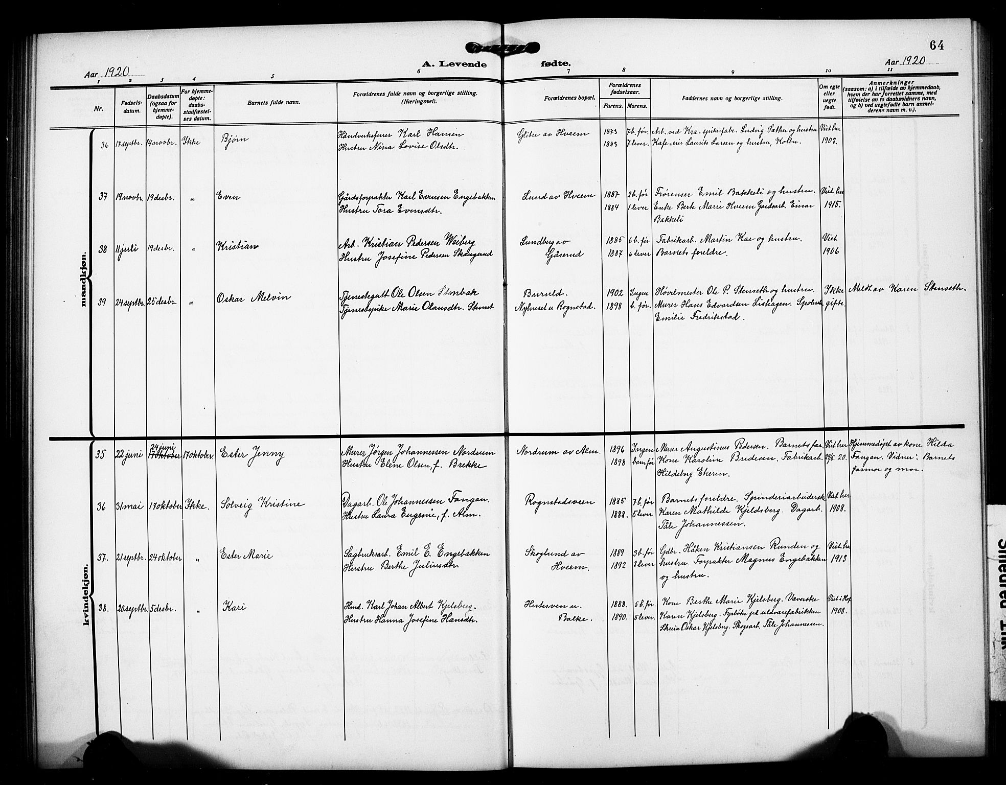 Østre Toten prestekontor, SAH/PREST-104/H/Ha/Hab/L0008: Parish register (copy) no. 8, 1913-1929, p. 64