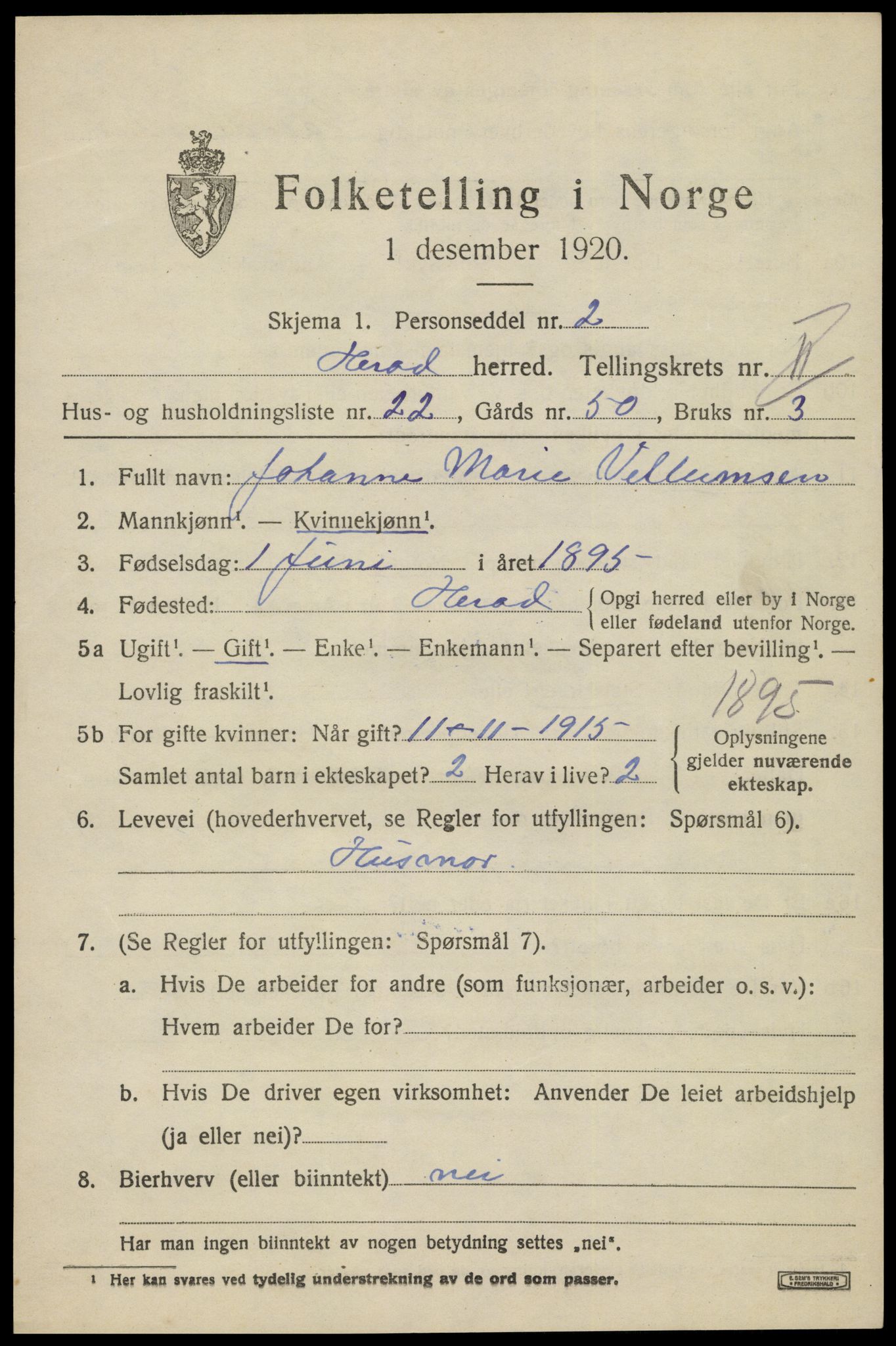SAK, 1920 census for Herad, 1920, p. 1274