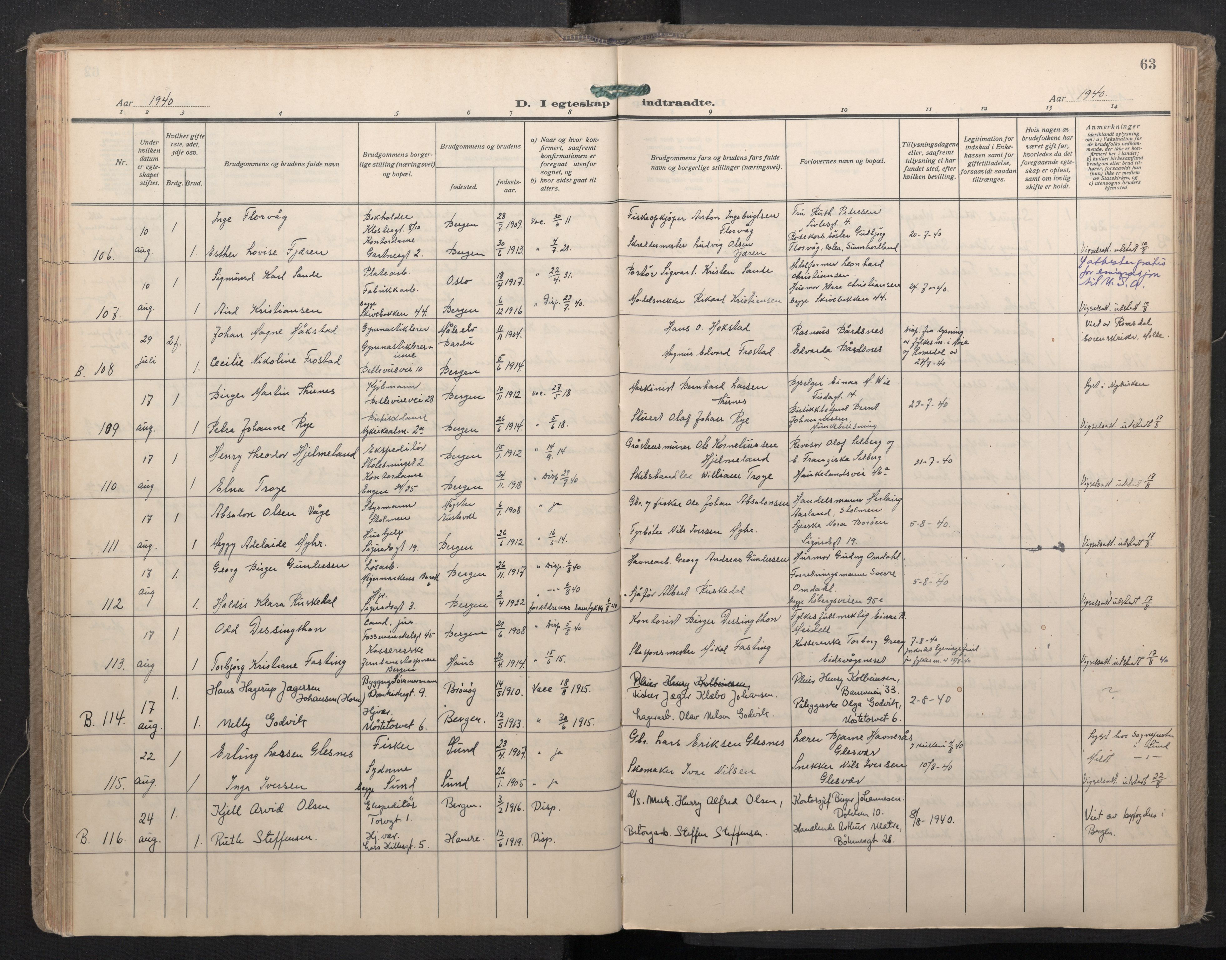 Domkirken sokneprestembete, AV/SAB-A-74801/H/Haa: Parish register (official) no. D 7, 1937-1950, p. 62b-63a