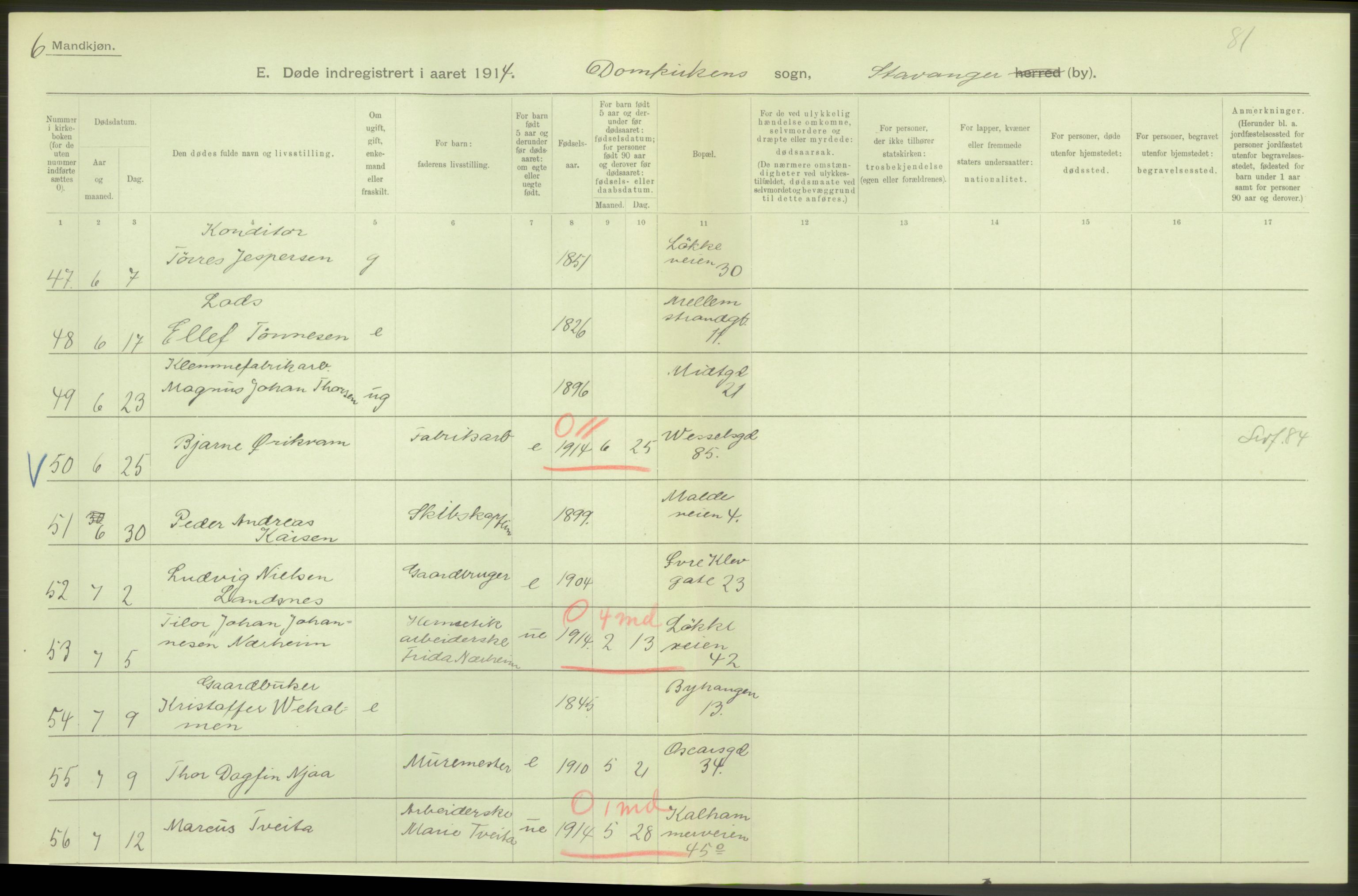 Statistisk sentralbyrå, Sosiodemografiske emner, Befolkning, AV/RA-S-2228/D/Df/Dfb/Dfbd/L0026: Stavanger amt: Døde, dødfødte. Bygder og byer., 1914, p. 102