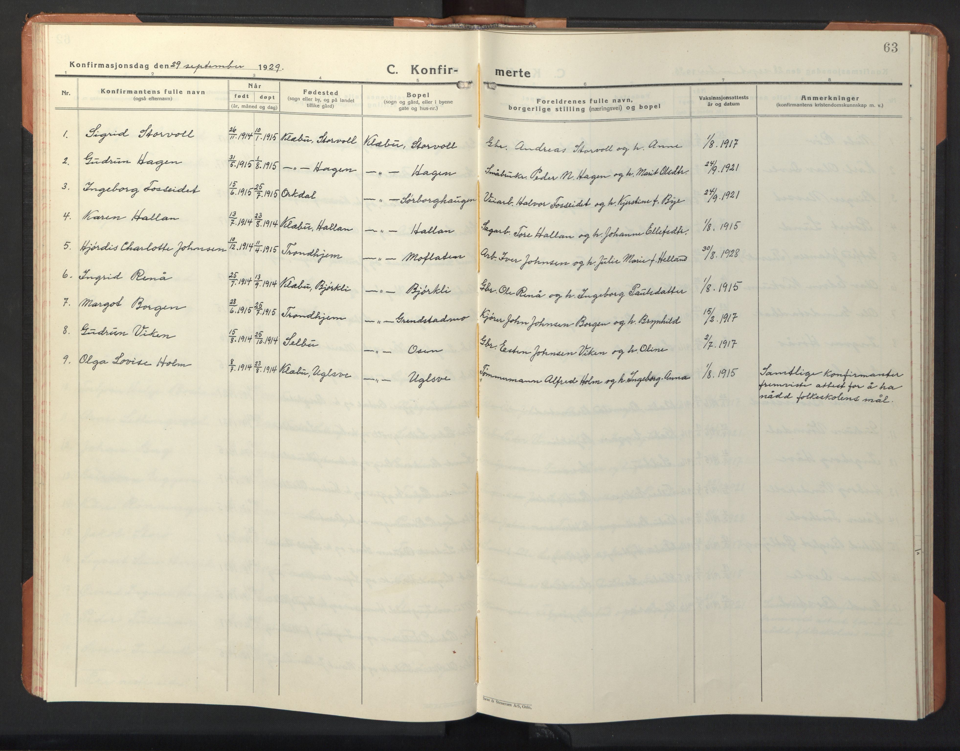Ministerialprotokoller, klokkerbøker og fødselsregistre - Sør-Trøndelag, SAT/A-1456/618/L0454: Parish register (copy) no. 618C05, 1926-1946, p. 63