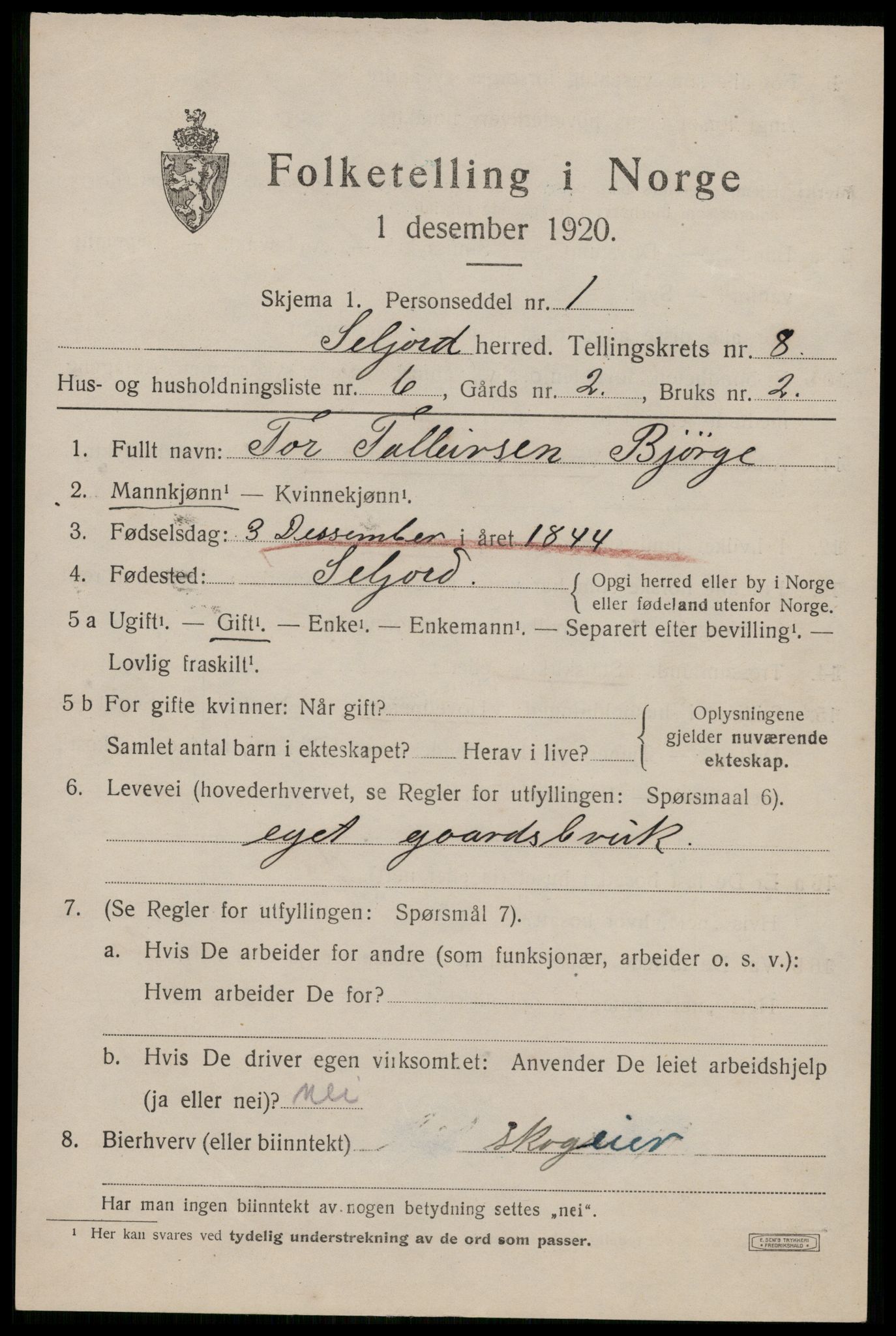 SAKO, 1920 census for Seljord, 1920, p. 3964